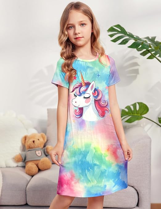 Arshiner Chemise De Nuit Fille Manches Courtes – Pyjama Chat Licorne Col Rond, Tissu Doux 95% Polyester 5% Élasthanne, 4-12 Ans