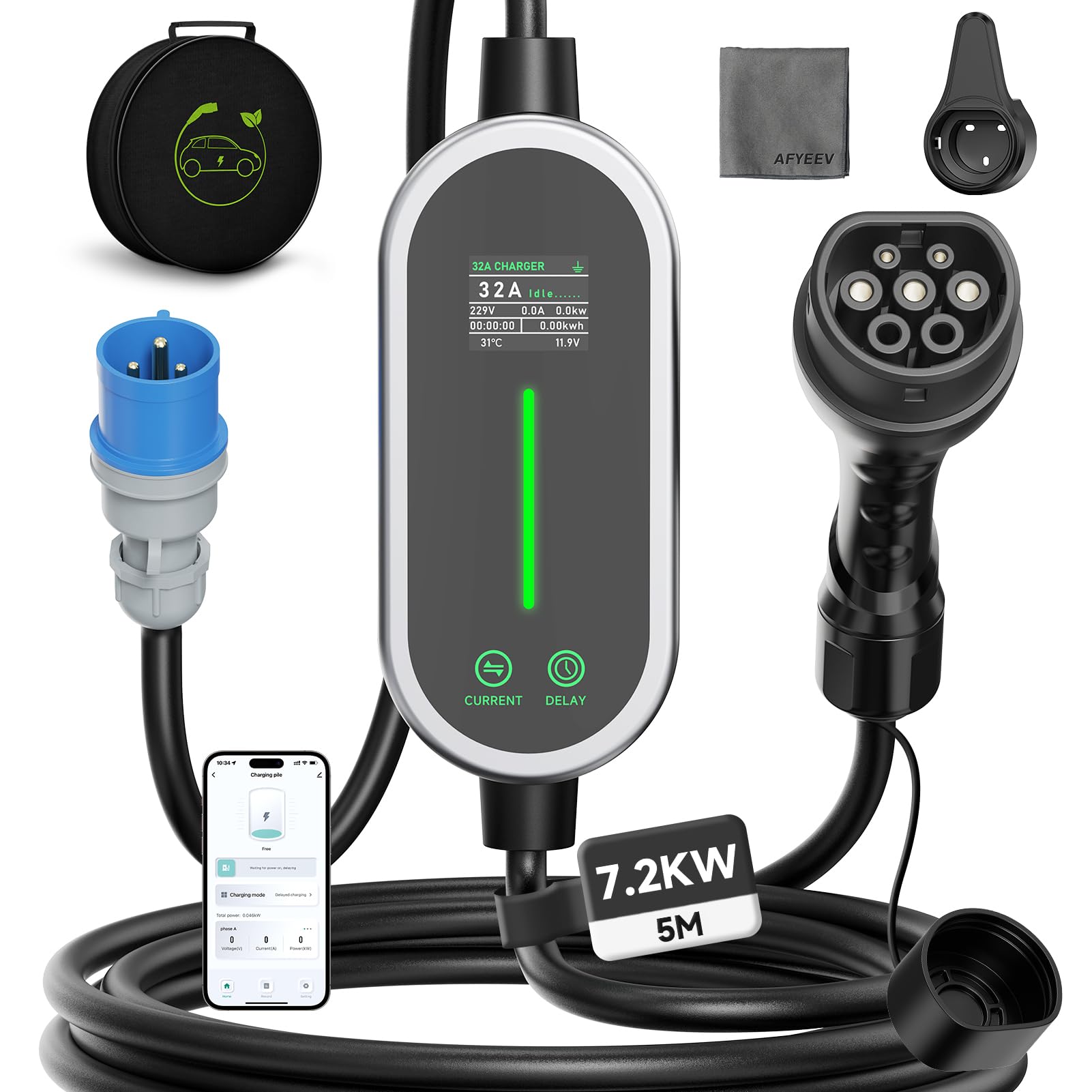 Typ 2 Ladekabel, 7,2kW Mobile Wallbox 1-Phasig/6-32A/5M