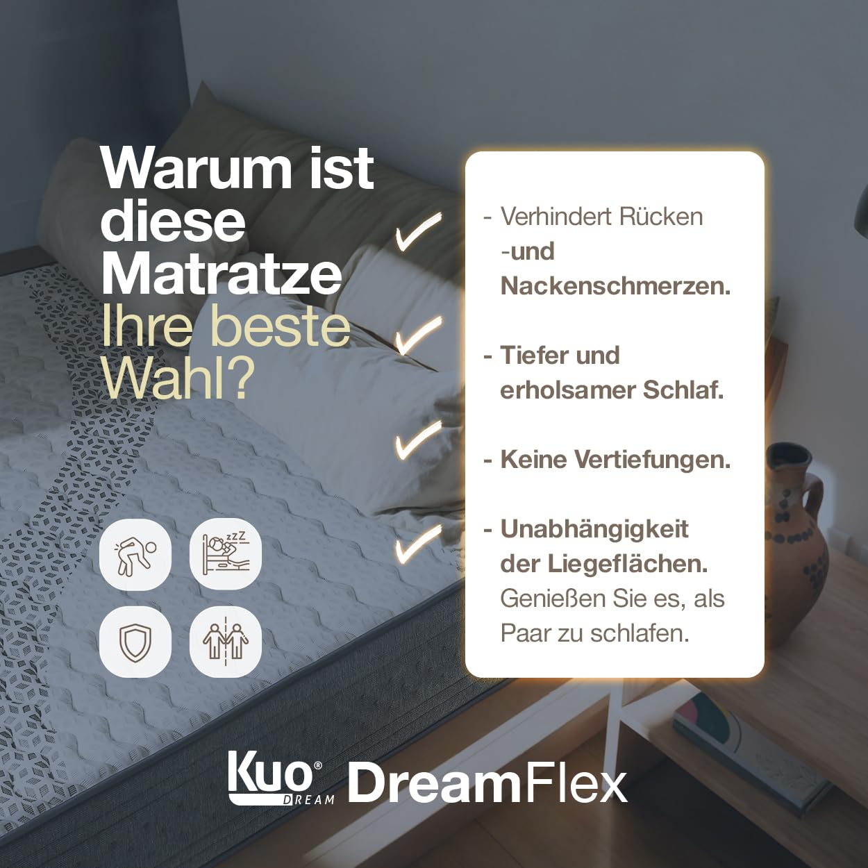 KUO Dream - DreamFlex Matratze | Viskoelastisch | Ergonomisch & Atmungsaktiv | Sommer-/Winterseite | Höhe 23 cm | Lendenwirbelstütze, 150 x 200 cm
