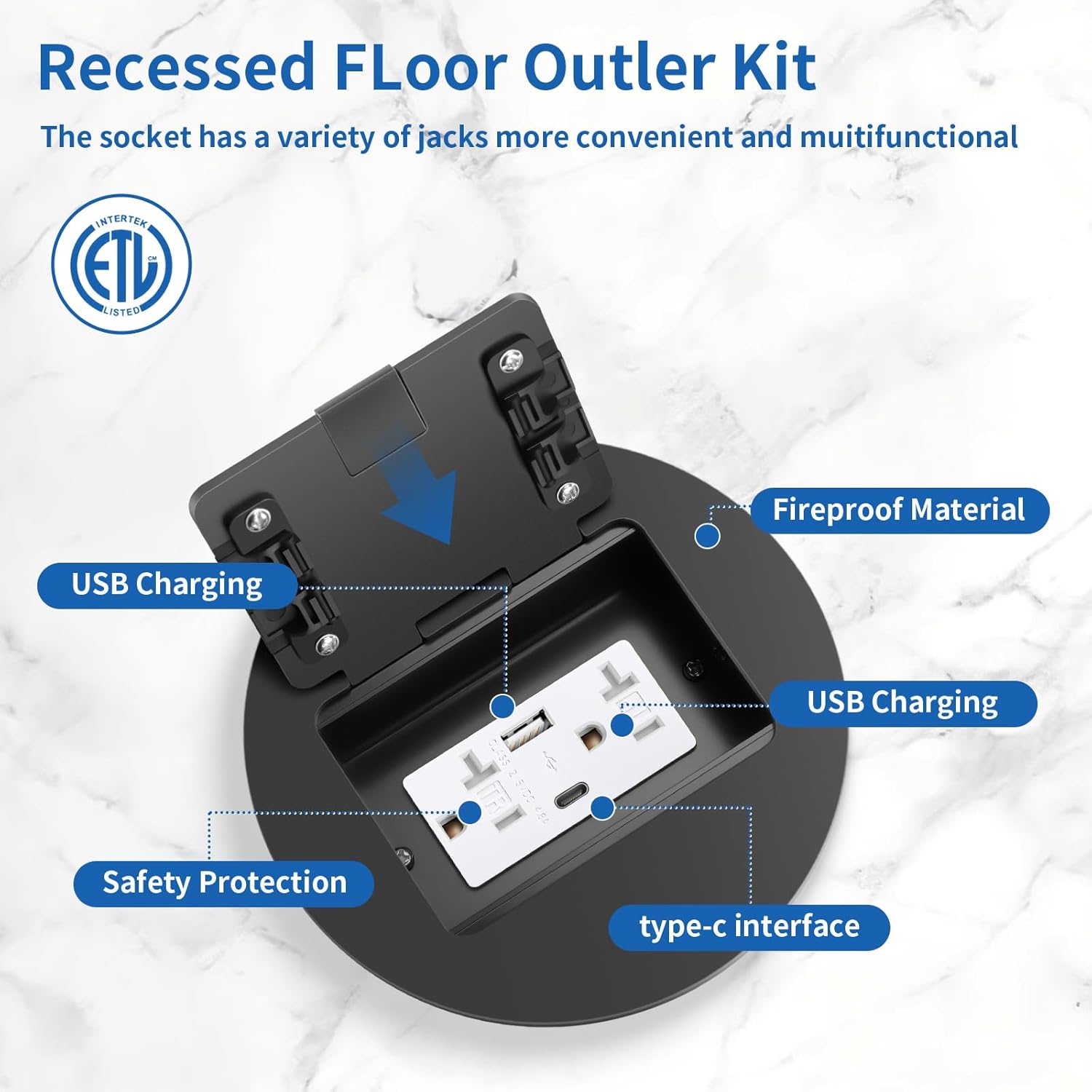 Vagueior Recessed Floor Electrical Outlet Kit, Circular Hidden 4.8A USB-A & Type-C Charge, 20A Tamper-Resistant Receptacle Outlet, Waterproof Electrical Outlet Cover Box, ETL Certified, Black