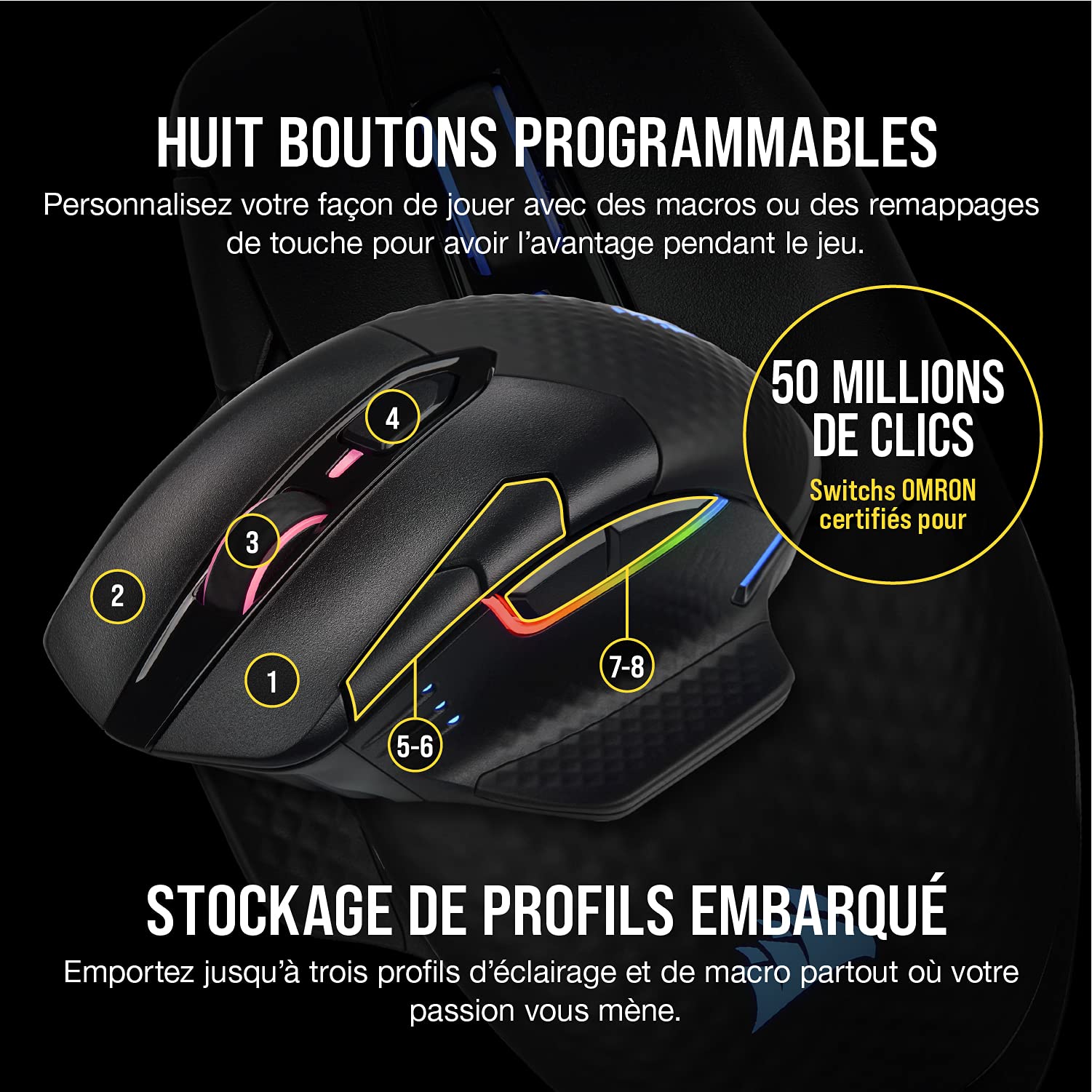 Corsair DARK CORE RGB PRO SE Souris gaming sans fil FPS/MOBA (Technologie SLIPSTREAM WIRELESS, Rétroéclairée RGB LED, 18 000 DPI Certifiée Charge sans fil Qi) Noir