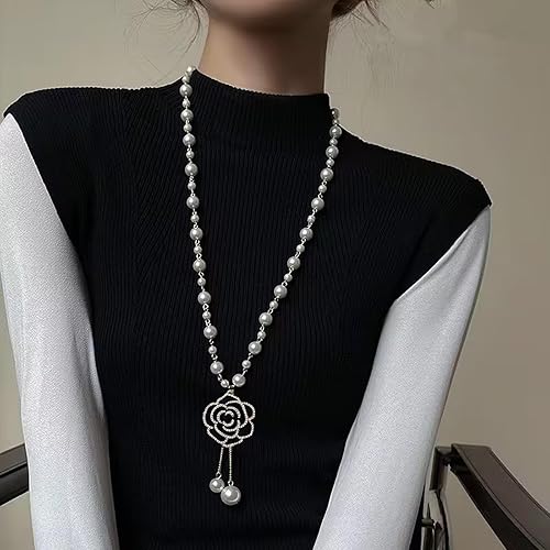 Miniatura 6 de Collar de perlas de rosa negra con diamantes de imitación, collar largo con colgante para mujer, joyería de disfraz vintage, negro, blanco