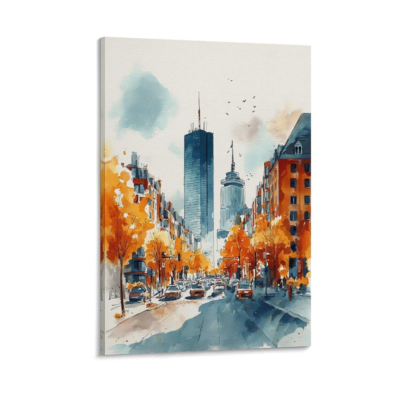 XWYMXZ Boston Watercolor Print Autumn Cityscape Posters 24x36inch(60x90cm) Vintage Watercolor Canvas Art