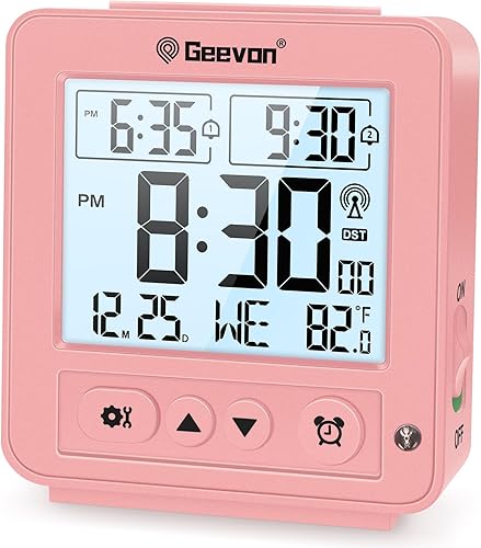 Miniatura 11 de Geevon Reloj despertador atómico de viaje con retroiluminación automática/8s, 2 ajustes de alarma, detección de temperatura, aumento de sonidos