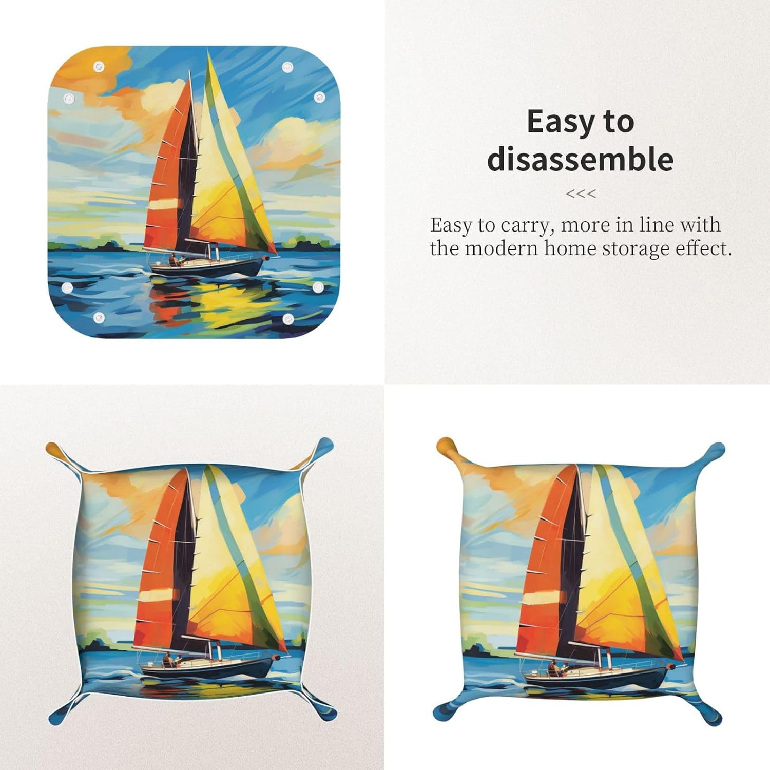 PU Leather Jewelry Valet Tray for Men Women, Elegant Desktop Storage Organizer, Portable Travel Storage Dish Plate Colorful Sail Boat Nightstand Storage Box for Key Phone Wallet Medium image 3