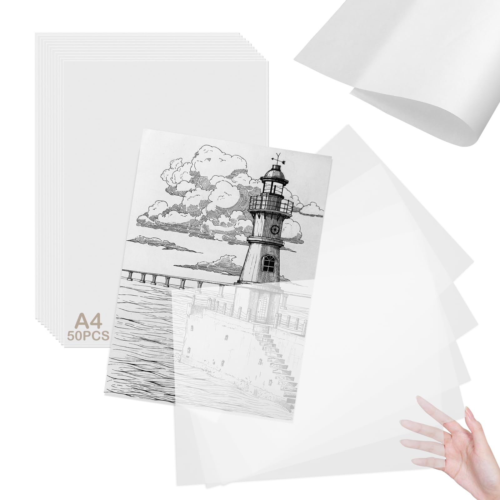 50 Feuilles Papier Calque A4, Papier Calque Blanc, Transparent, 55g/m², pour Patron Couture, Dessin, Scrapbooking et Calligraphie la Copie (210x297mm)