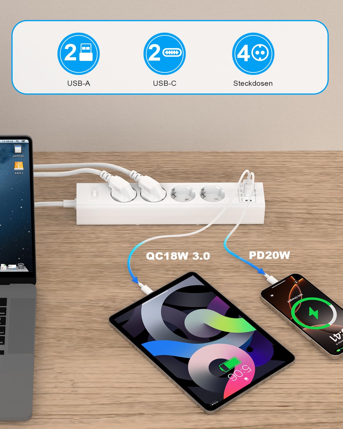 Ciabatta elettrica da parete, montata a 360°, multipresa con protezione da sovratensione, 2USB-C (PD20W)+2USB-A (QC3.0 18W), 4 prese, 2 m, per parete, angolo e sottopiano