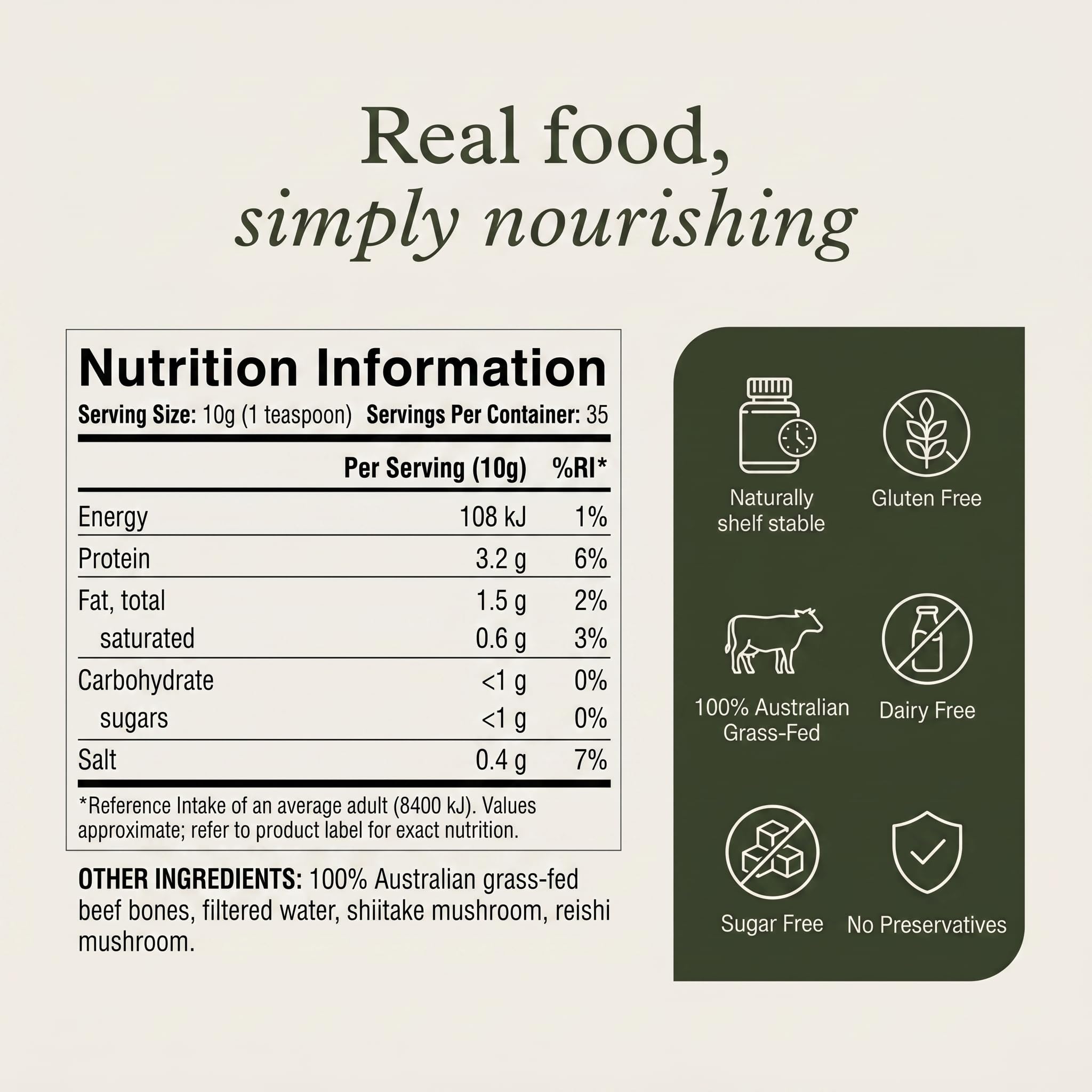 Concentré de bouillon d'os de bœuf nourri à l'herbe avec champignons | Keto, riche en protéines, sans gluten | 35 portions / 8,7 litres