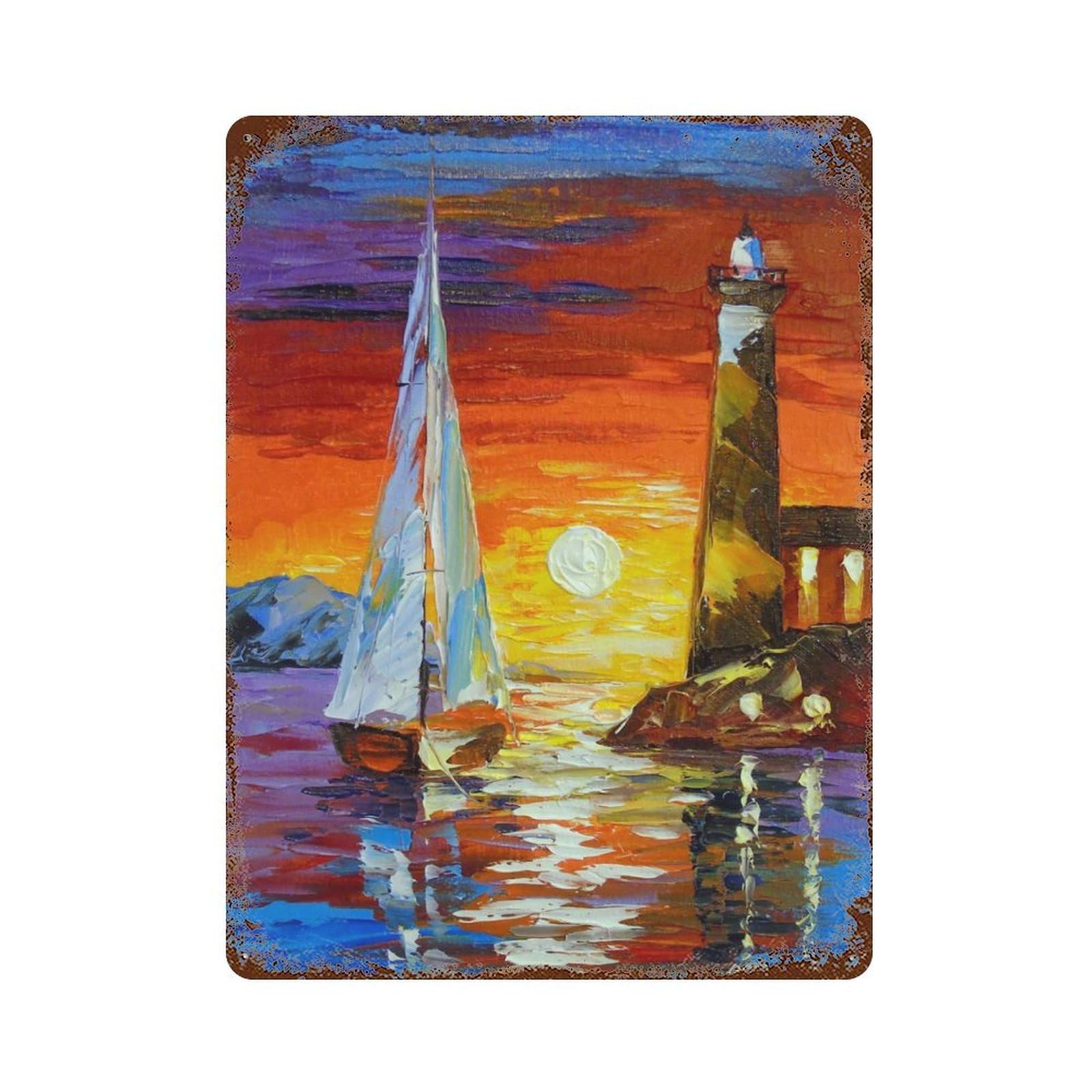 Aged Metal Wall Plaque with Sailboat And Lighthouse Design 15.7"x11.8", for Basement, Hobby Room And Garage Decor, Farmhouse Wall Decor
