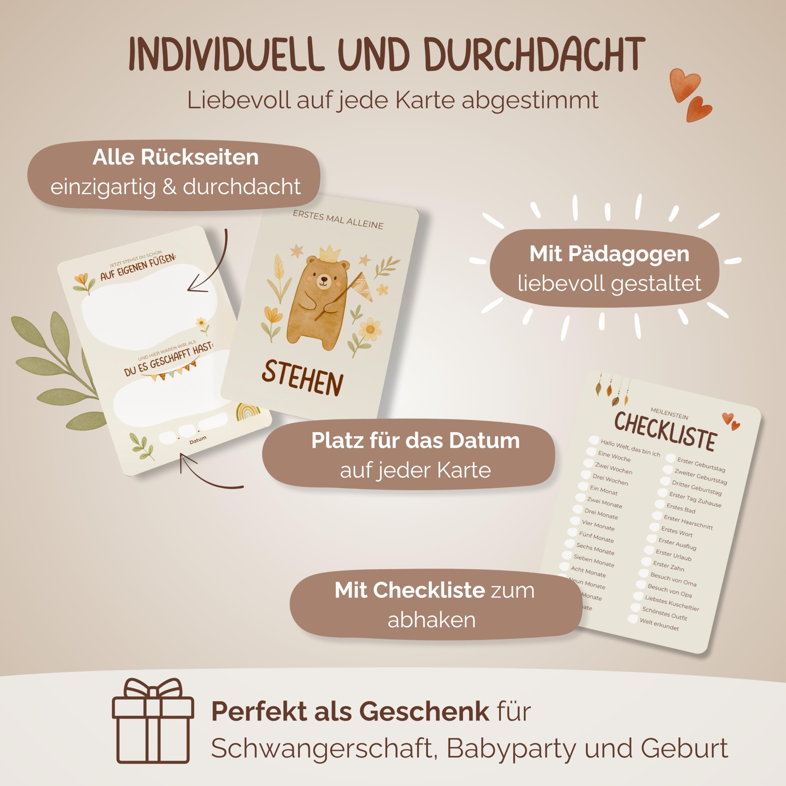 Meilensteinkarten Baby [Boho] 60 Monatskarten mit beschreibbaren Rückseiten – inkl. Geschenkbox und Holzaufsteller – Geschenk zur Schwangerschaft, Babyshower und Geburt