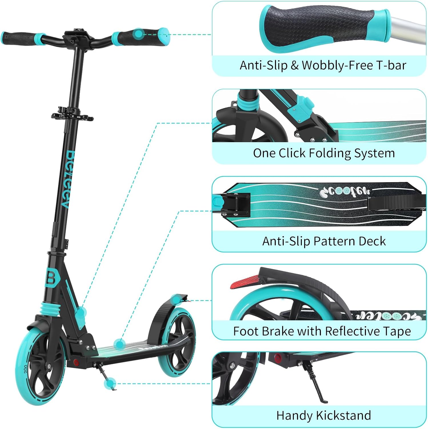 Detailed view of BELEEV V8 scooter components