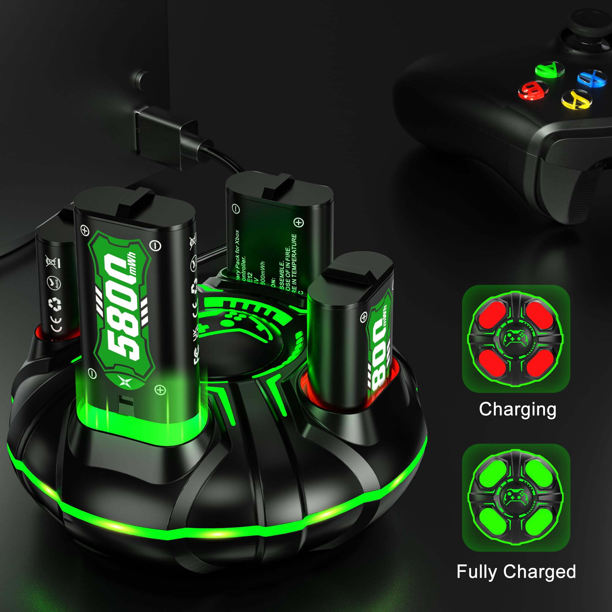 Ukor Ricarica rapida 4 batterie ricaricabili da 2000 mAh con caricabatterie per controller Xbox Batterie ricaricabili Accessori Xbox per Xbox One/Xbox Series X|S Xbox One S/Xbox One X/Xbox One Elite