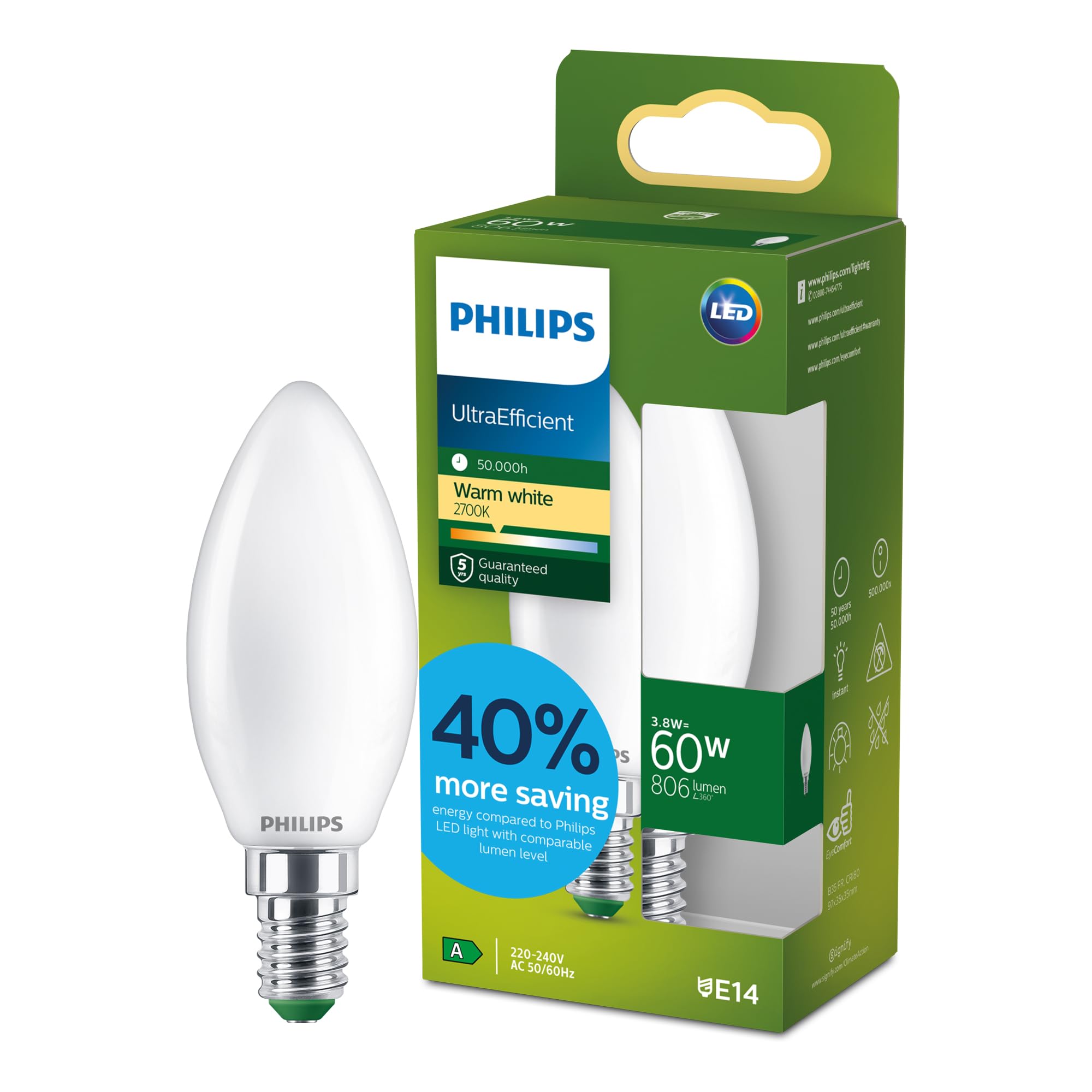 Philips LED UltraEfficient Frosted B35 Candle Bulb, E14 Small Edison Screw, Energy Class A, 806 lm, 60W Equivalent, Warm White (2700K), EyeComfort, 50,000 Hours, 1 Pack