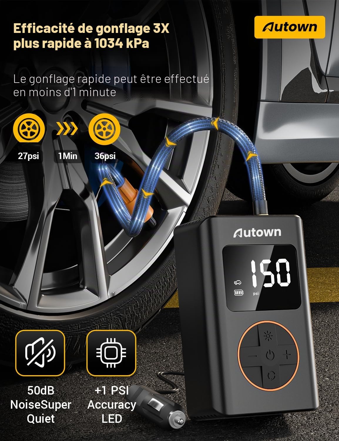 Compresseur À Air Portatif，AUTOWN 54pcs Kit Reparation Pneu Voiture avec Gonfleur Pneus Voiture Gonfleur Pneus Voiture Fil Mini Pompe Electrique Meche Pneu Crevaison Voiture Kit Anti Crevaison Voiture