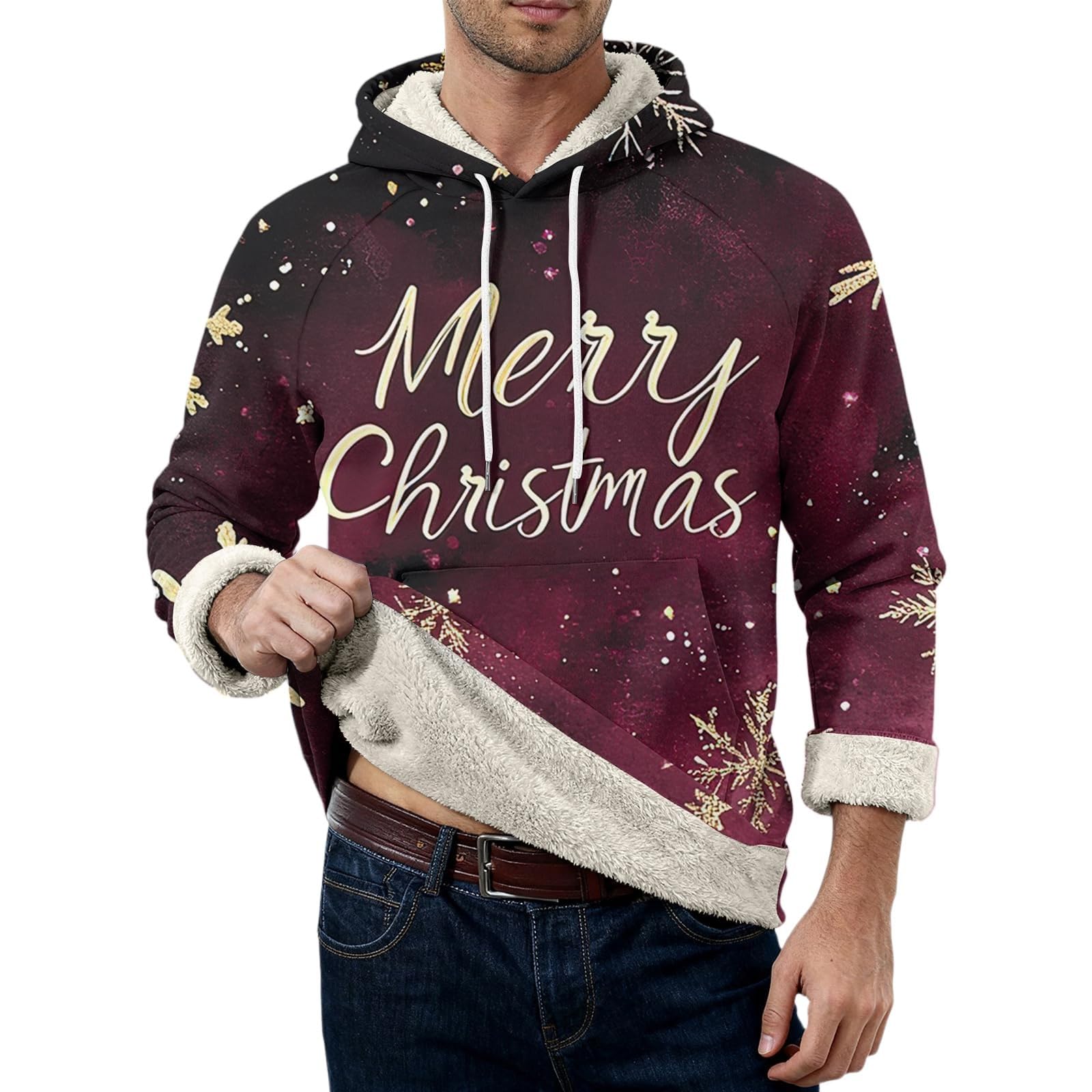 Sudadera con capucha de Navidad con forro polar para hombre, divertidas sudaderas de Papá Noel, con diseño de árbol de Navidad, trajes de Navidad, camisetas de manga larga, suéter cálido de sherpa