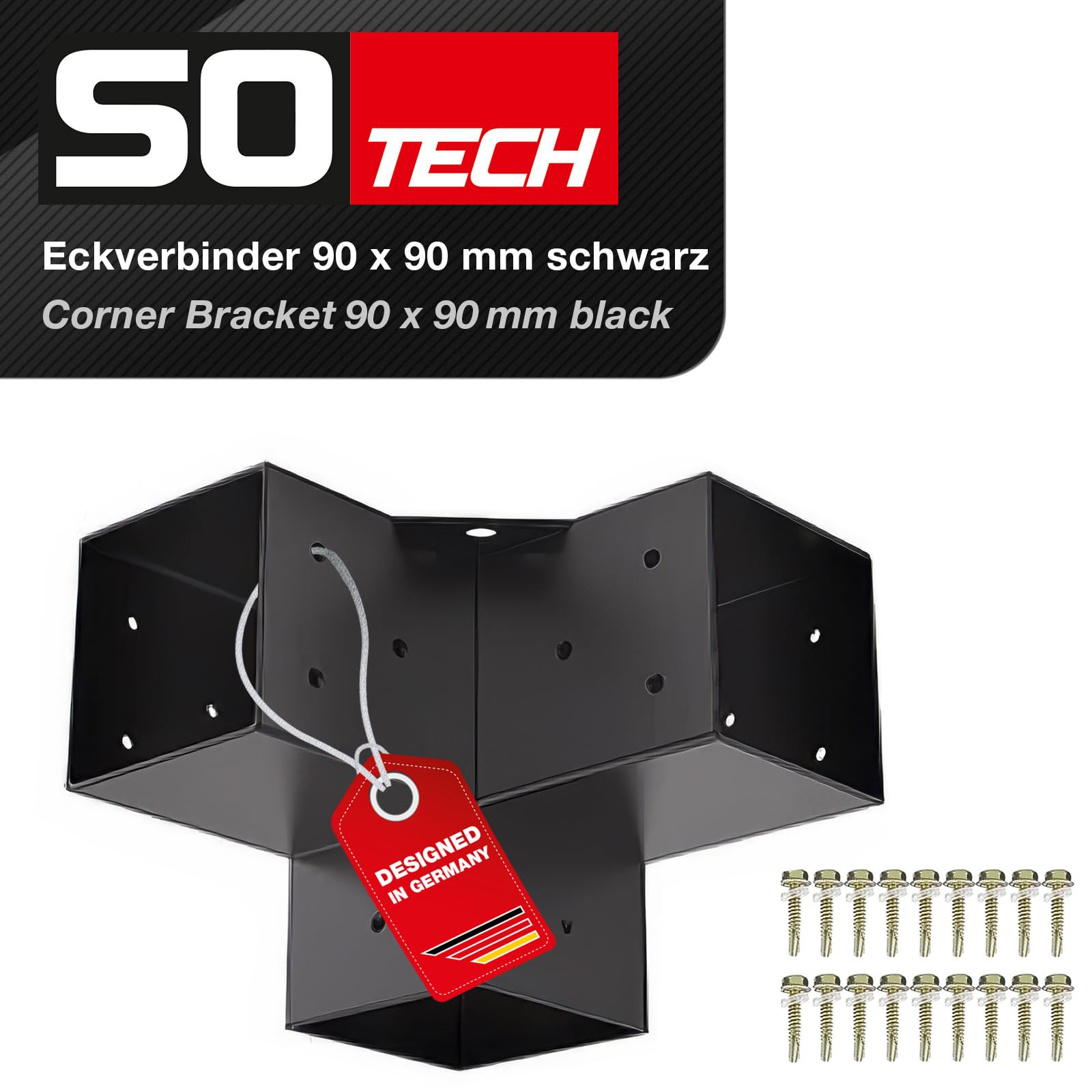 SOTECH Conector de esquina 90 x 90 mm (conector de 3 vías) de acero cuadrado galvanizado y recubierto de polvo negro para una máxima protección contra la corrosión