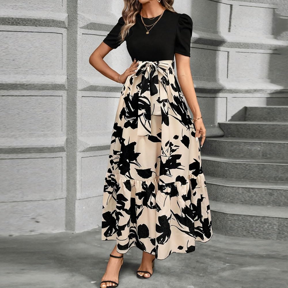 Vestito Donna Stampa Floreale Maniche Corte Scollo Rotondo Abiti Elegante Orlo a Volant Estivo Vestiti da Cocktail Party