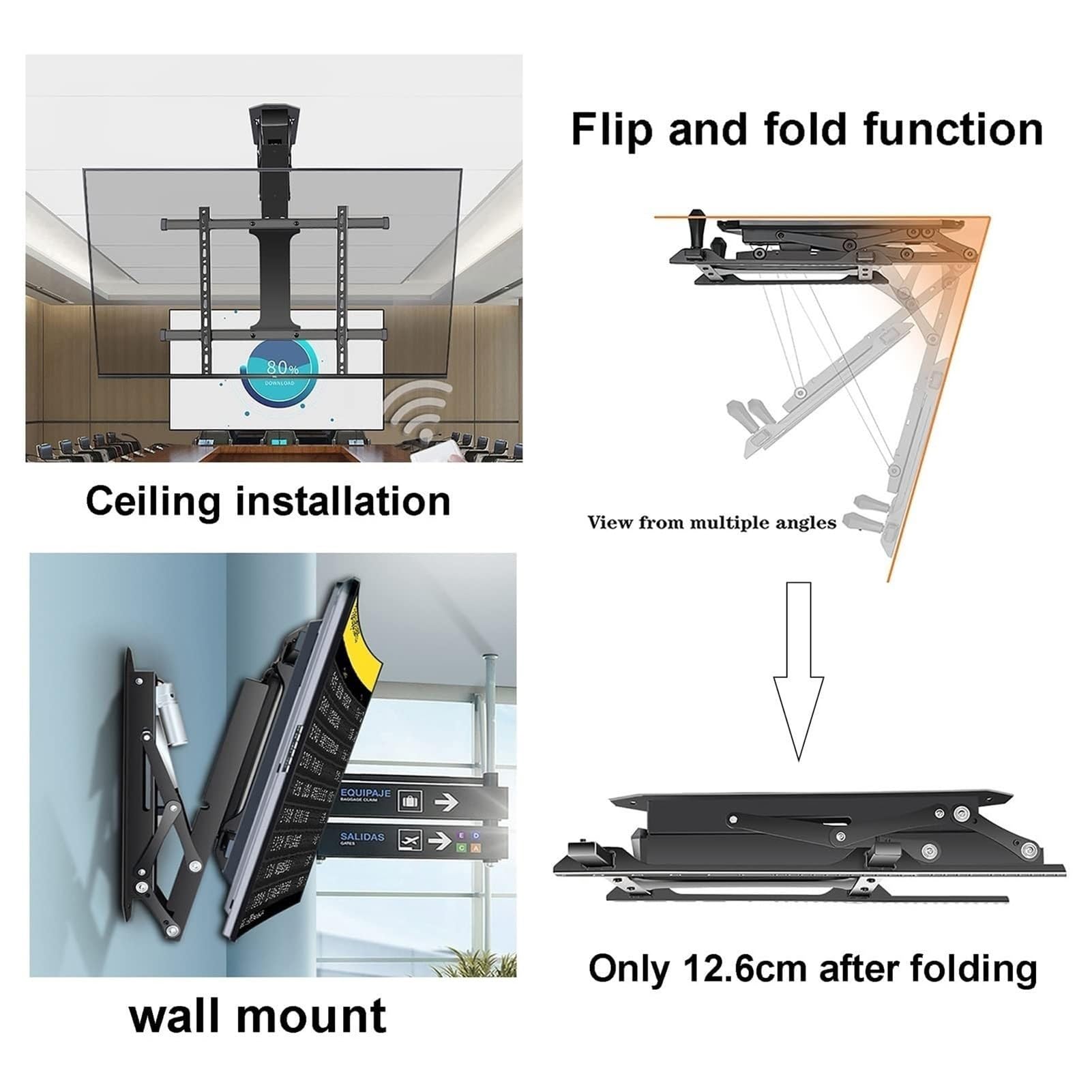 Support mural motorisé pour TV, plafond électrique, levage automatique de 127 à 228 cm, rabattable de 0 à 85 °, motorisé avec télécommande télescopique