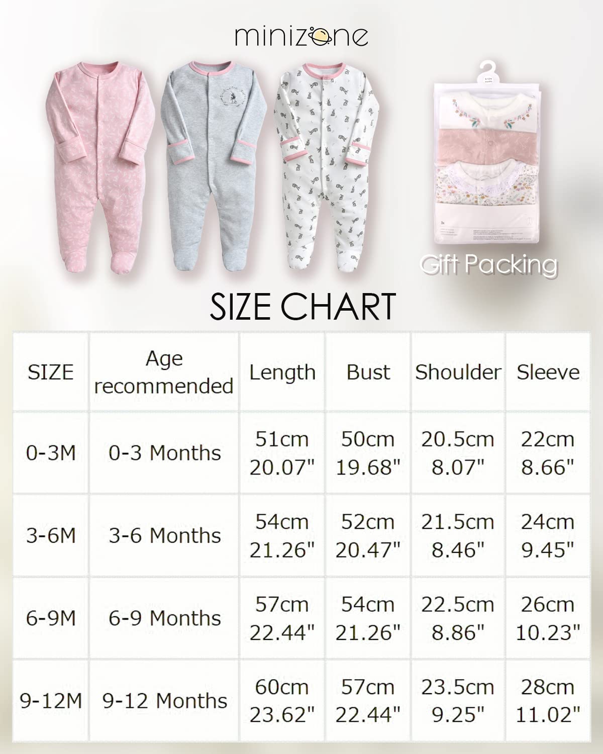 Bébé Pyjama Lot de 3, Grenouillères Manche Longues Combinaison 6-9 Mois