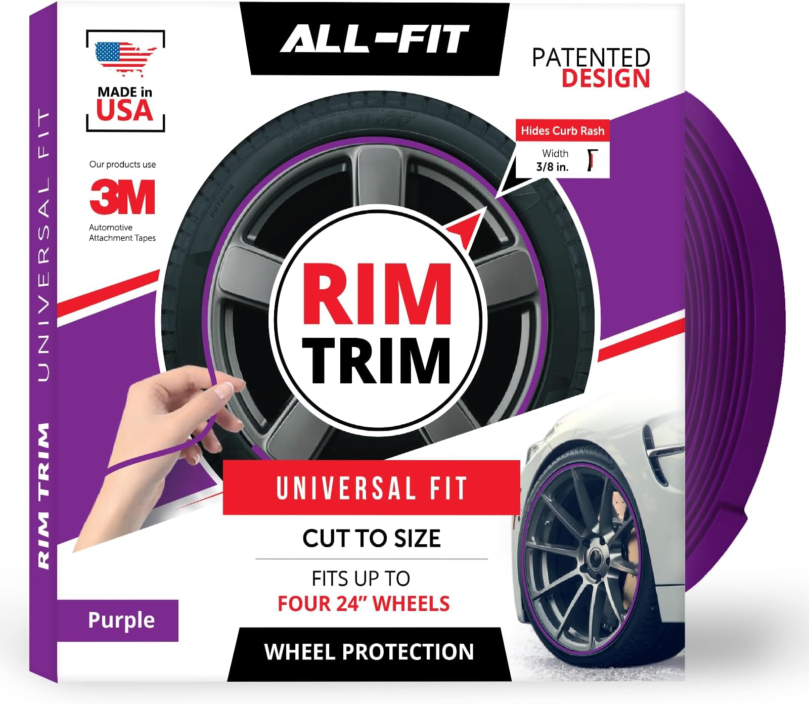 All-Fit Automotive Rim Trim – Durable DIY Car Exterior Accessories for Curb Rash Protection – Fits Up to Four 24" Wheels – Made in USA – Flexible, Durable Wheel Rim Protector (3/8″ Width - Purple)