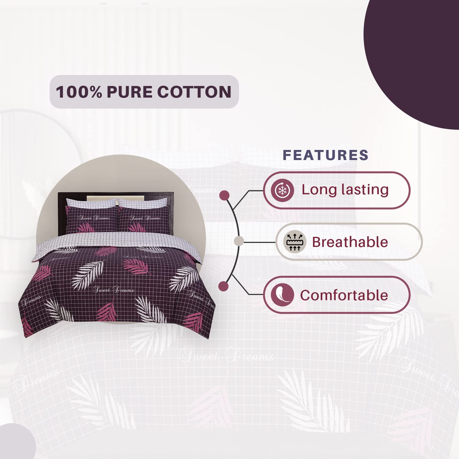 Indus Textiles 100% Pure Cotton Reversible Patterned Duvet Cover Sets Sweet Dream, Double, Sweet Dreams Aubergine - Image 3