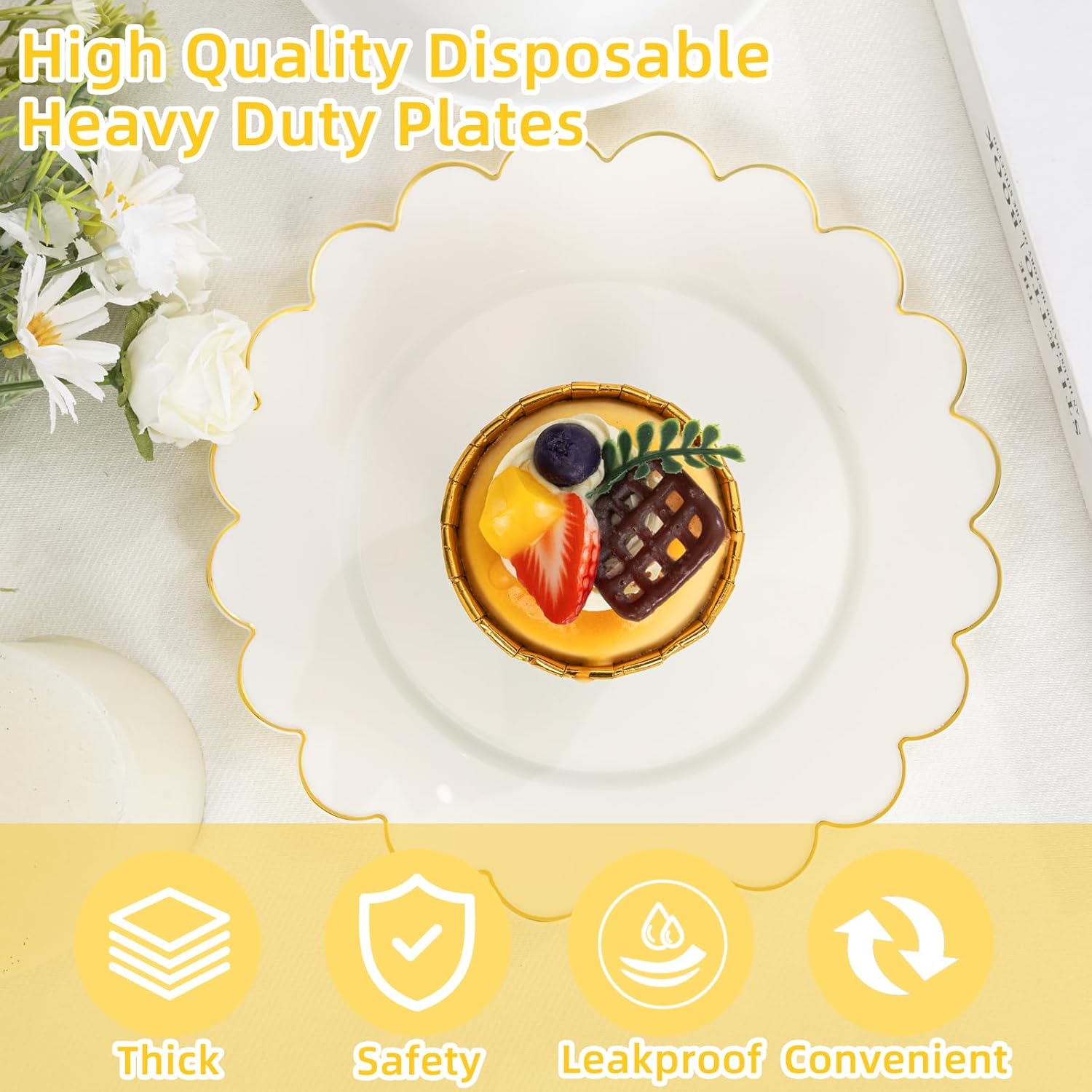 LIYH 100 Pcs Ivory Dessert Plates with Gold Rim- Ivory Plastic Plates 7.5" Disposable Scalloped Fancy Gold Plastic Plate,Baby Shower Cake Plate Party Suitable for Valentines Day or Mothers Day - Image 4