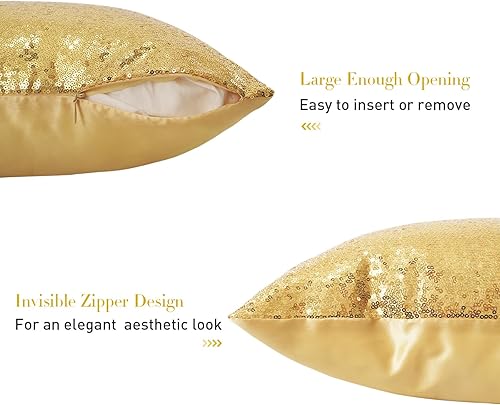 Miniatura 3 de SquarePie Juego de 4 fundas de almohada de lentejuelas, 18 x 18 pulgadas, fundas de almohada decorativas doradas, fundas de cojín cuadradas