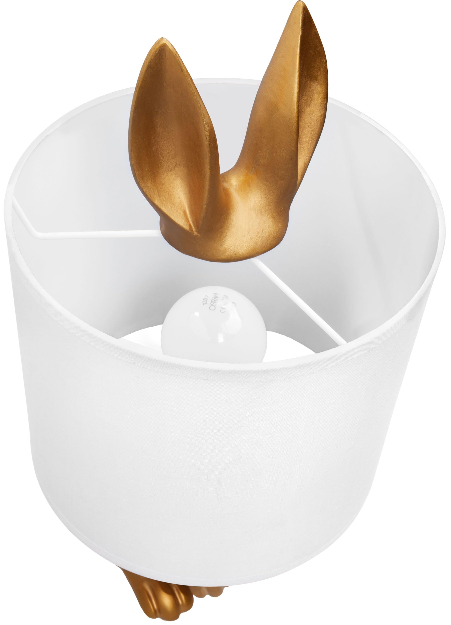 BRUBAKER Tisch- oder Nachttischlampe Goldener Hase - Tischleuchte mit Keramikfuß und Stoffschirm - 42 cm Höhe, Weiß Gold