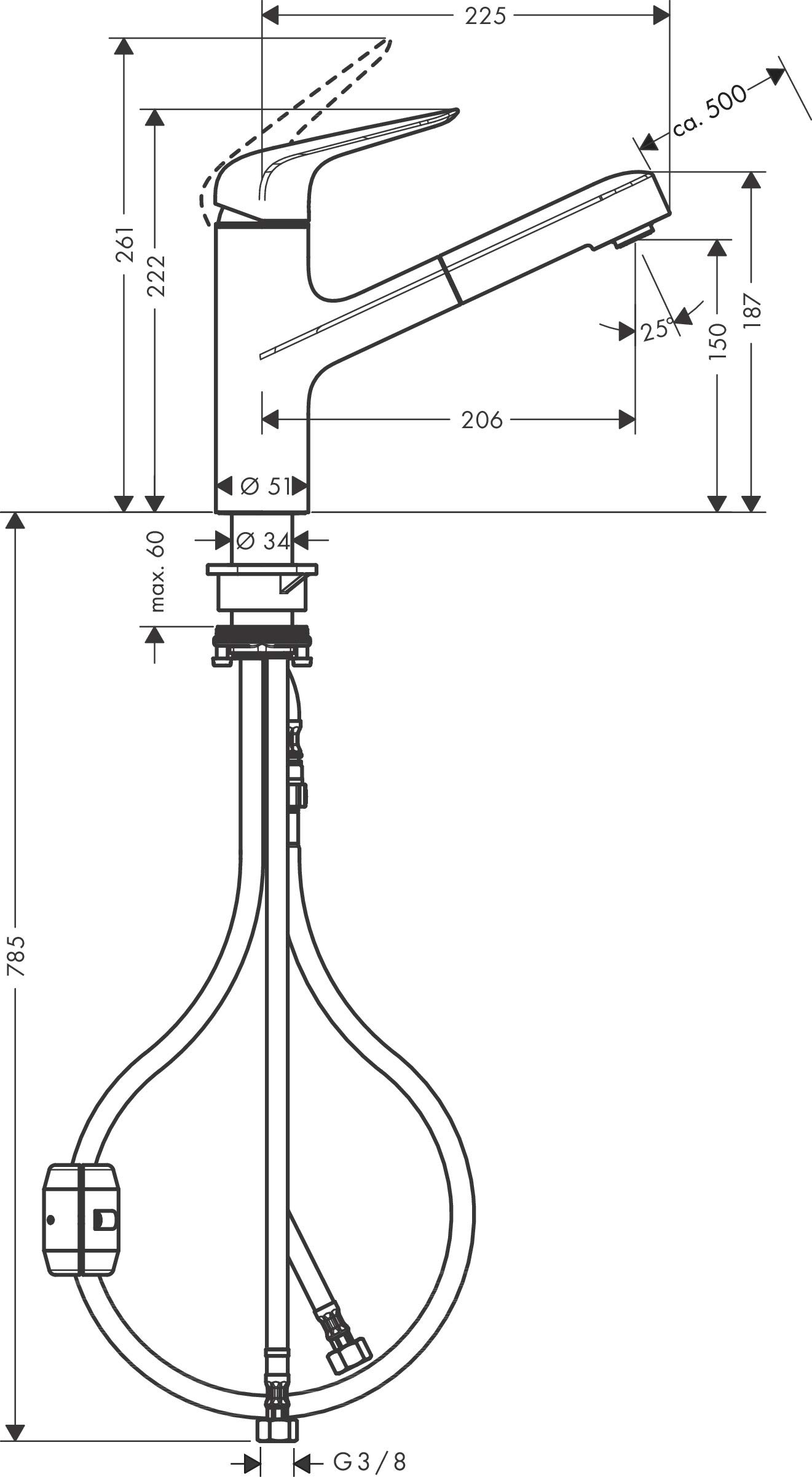 hansgrohe Focus M42 - Küchenarmatur mit Brause ausziehbar, 1 Stahlart, Wasserhahn Küche mit Auslaufhöhe 150 mm, Mischbatterie Küche schwenkbar, Chrom, 71814000