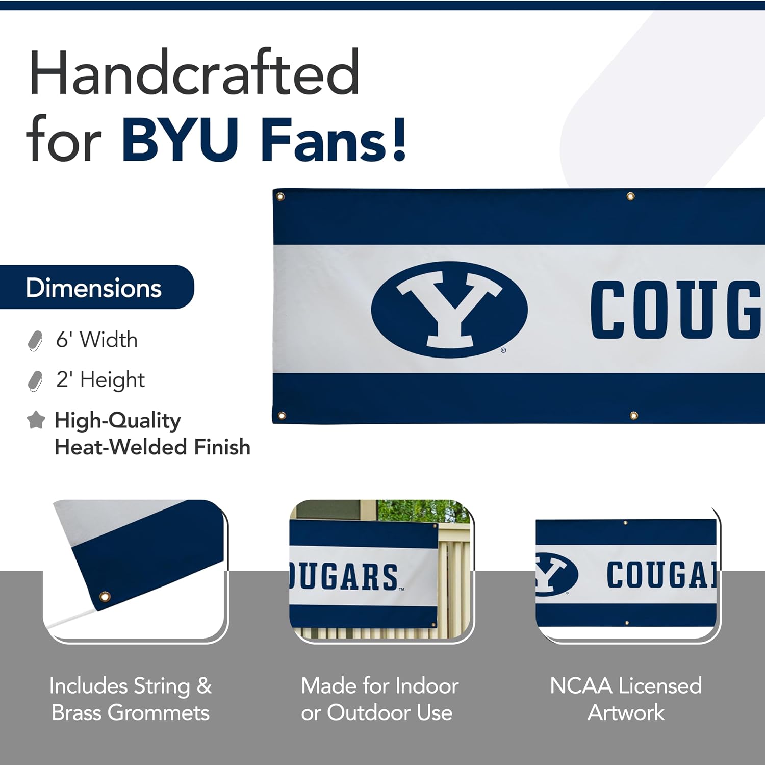 BYU Cougars College Sports Printed Outdoor Banner - NCAA Licensed - Durable Vinyl - School Banner (White, Blue) (2' x 6')