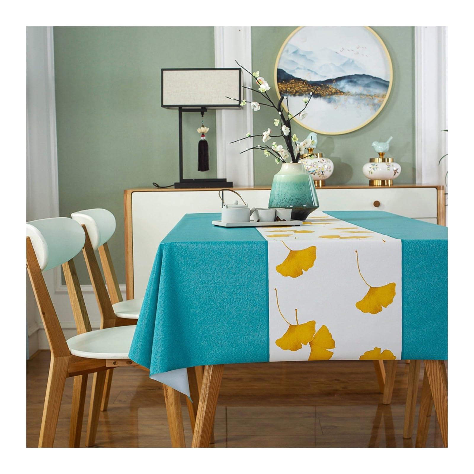 Nappe ginkgo bleu vert KnSam pour repas de famille en terrasse
