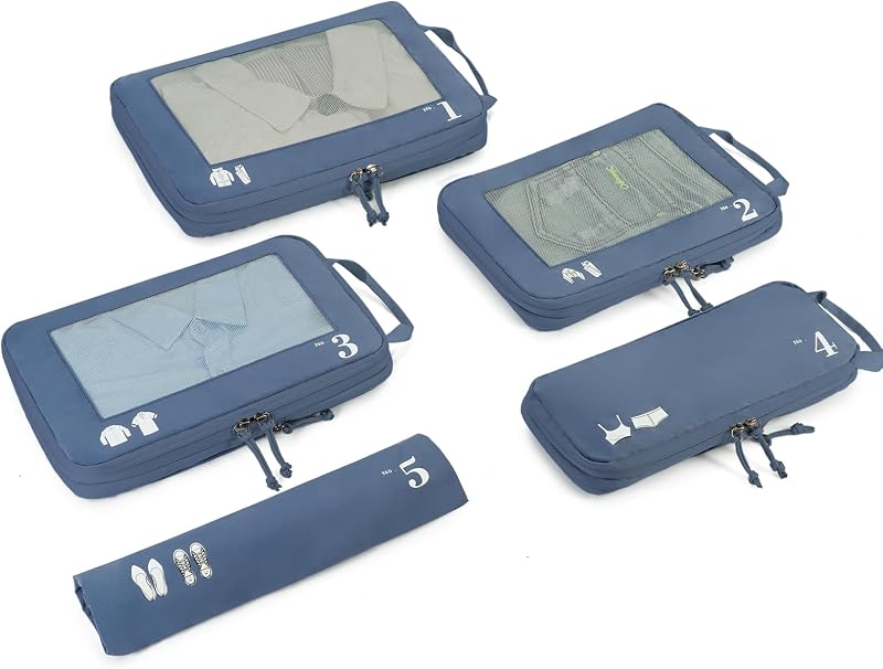 ECOHUB 5 Teilige Kompression Koffer Organizer Set für Rucksack Compression Packing Cubes Packwürfel Kofferorganizer Packtaschen Kleidertaschen für Koffer Reiseorganizer(Reines Blau)