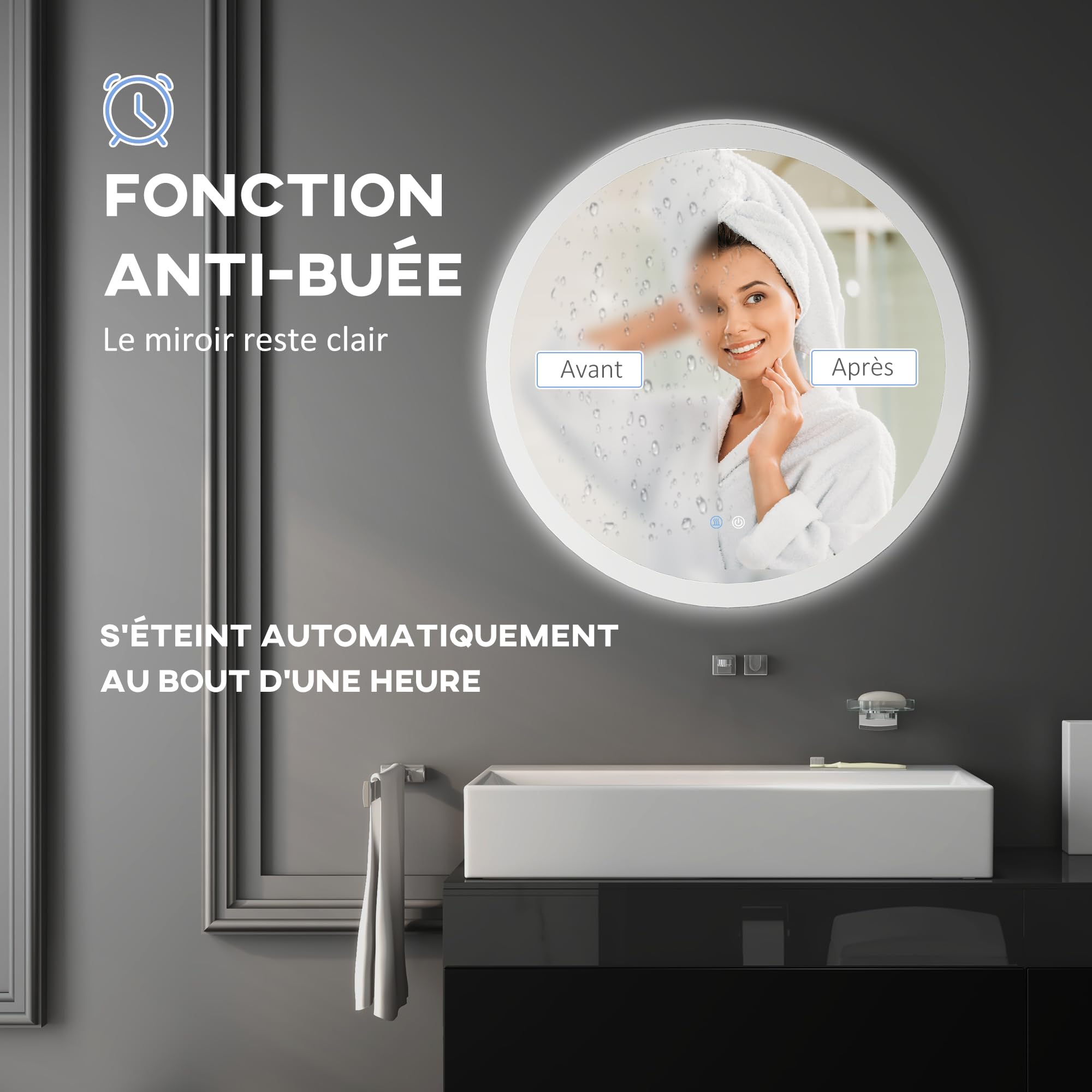 kleankin Miroir Rond Salle de Bain avec éclairage LED Ø 60 cm, Miroir Mural 29W avec Anti-buée, 3 Couleurs réglables, dimmable, Interrupteur Tactile, Fonction mémoire, Blanc et Argent