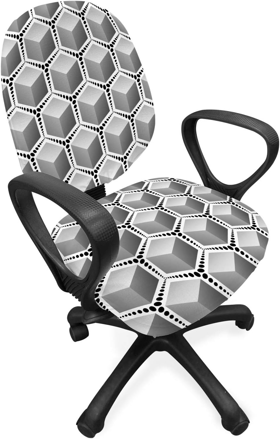 Lunarable Grey Abstract Office Chair Slipcover, Geometrical Cubes Pattern with 3D Effect Surrounded with Black Dots, Protective Stretch Decorative Fabric Cover, Grey Black and White