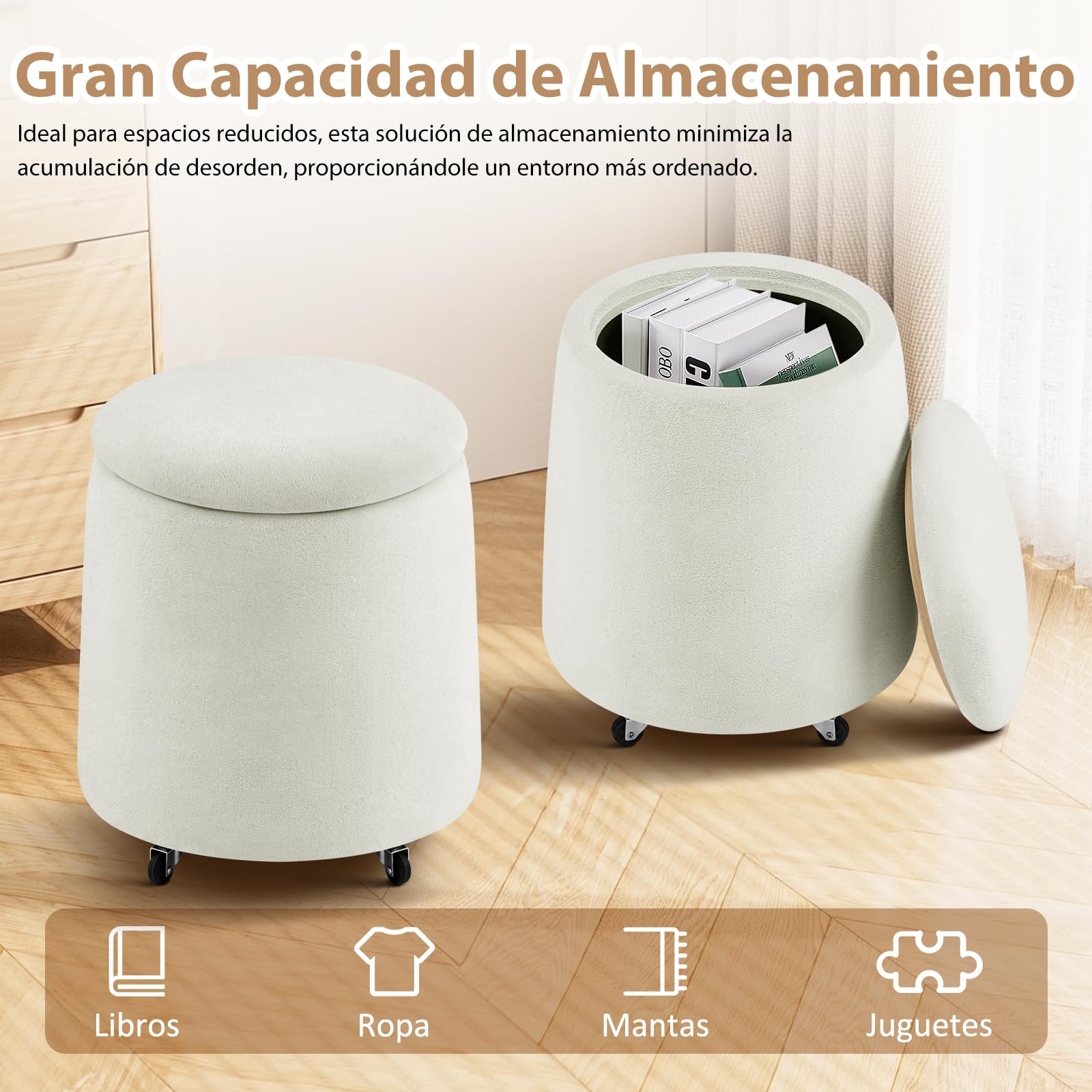 Hellove Puff Almacenaje Bouclé, Redondo Taburete Baúl con Tapa Reversible, Asiento Acolchado, Silla de Maquillaje con Ruedas Ø37 x 45cm para Salón, Dormitorio y Pasillo, Blanco Crema