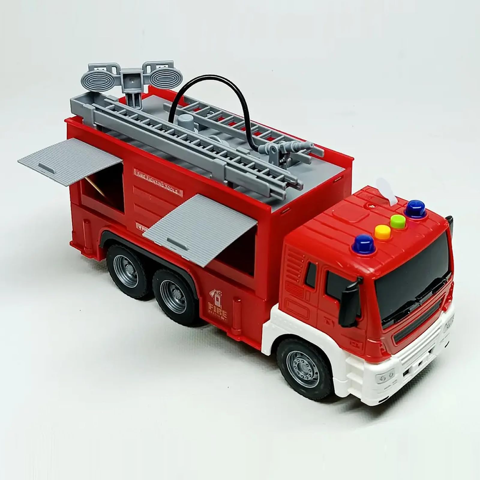 Scala 1:16 Camion Pompieri Giocattolo per Bambini, Autopompa Antincendio a Inerzia Luci & Suoni,con pompa spruzzatrice d'acqua, scala estensibile, Rosso (scala a pioli)