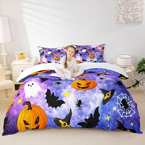 Manfei Juego de funda de edredón de Halloween, tamaño matrimonial, con temática de galaxia, calabaza, farol, fantasmas, con 2 fundas de almohada,