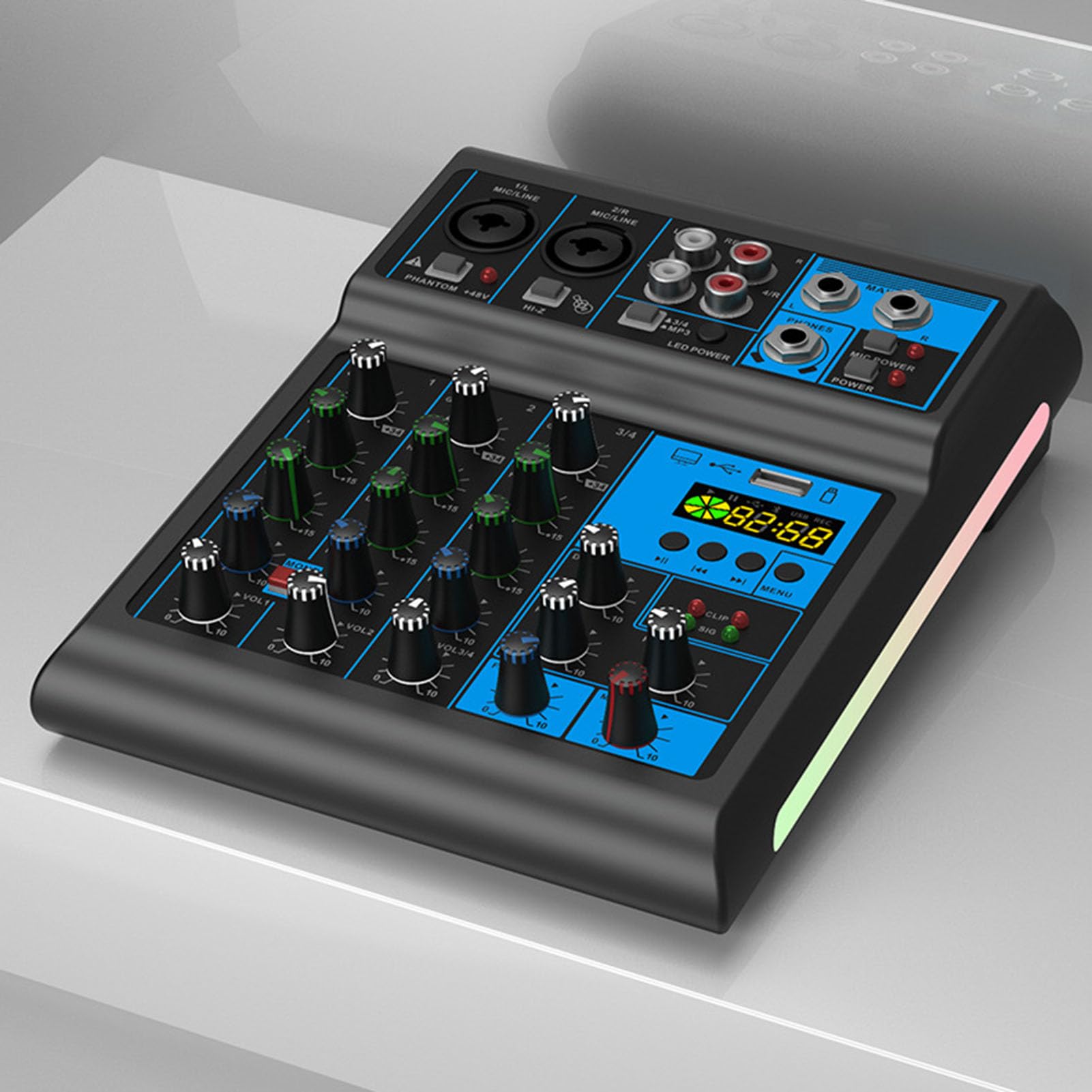 Goshyda Mixer Audio a 4 Canali con Due Microfoni Cordless, Console di Missaggio Audio per Karaoke, Streaming Live, Podcast e registrazione.