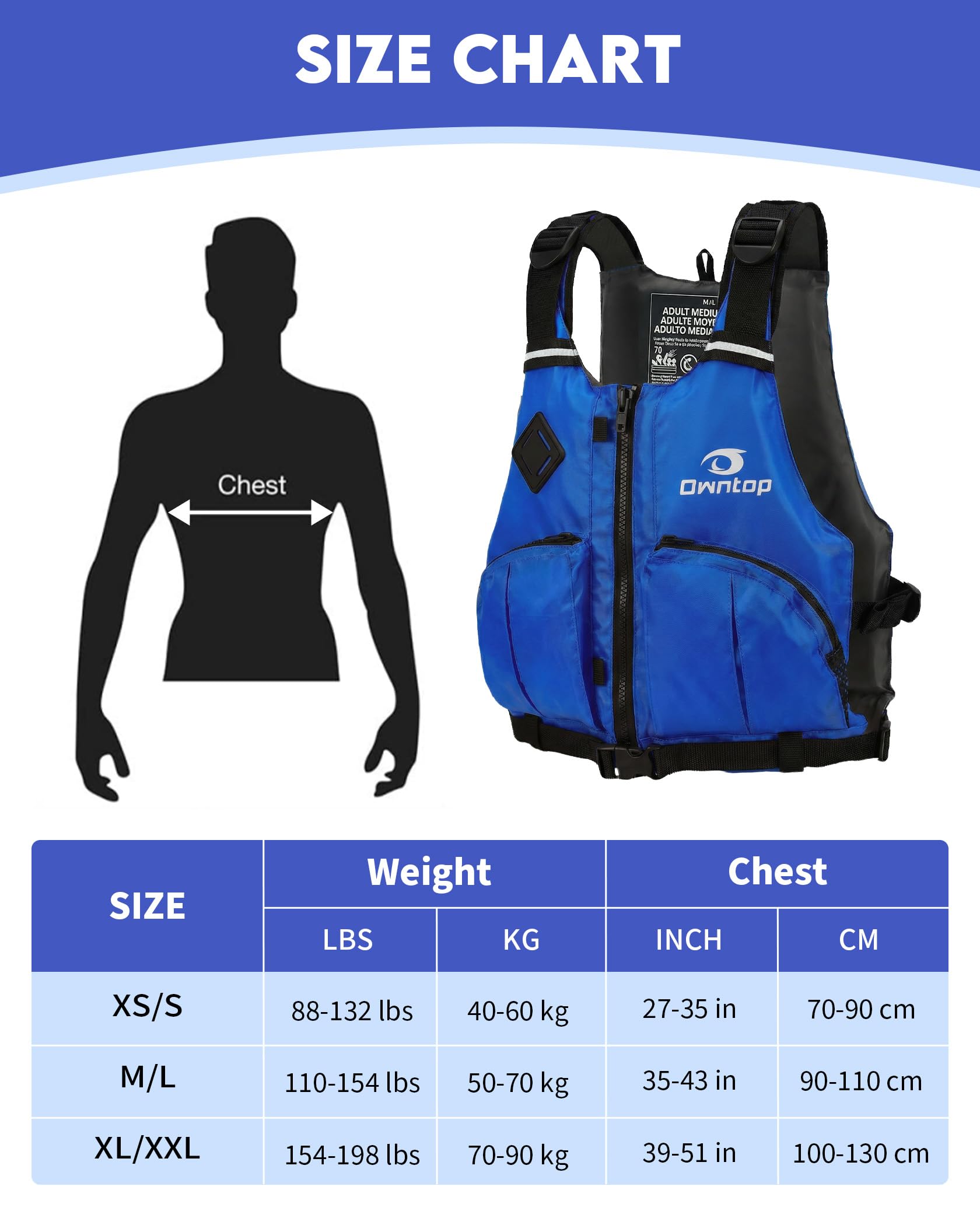Owntop Schwimmweste Erwachsene mit Trinkrucksack, Zwei Reißverschlusstaschen| Verstellbare Auftriebsweste| Leichte Schwimmjacke Unisex für SUP, Kajakfahren, Angeln Alle Wassersportarten