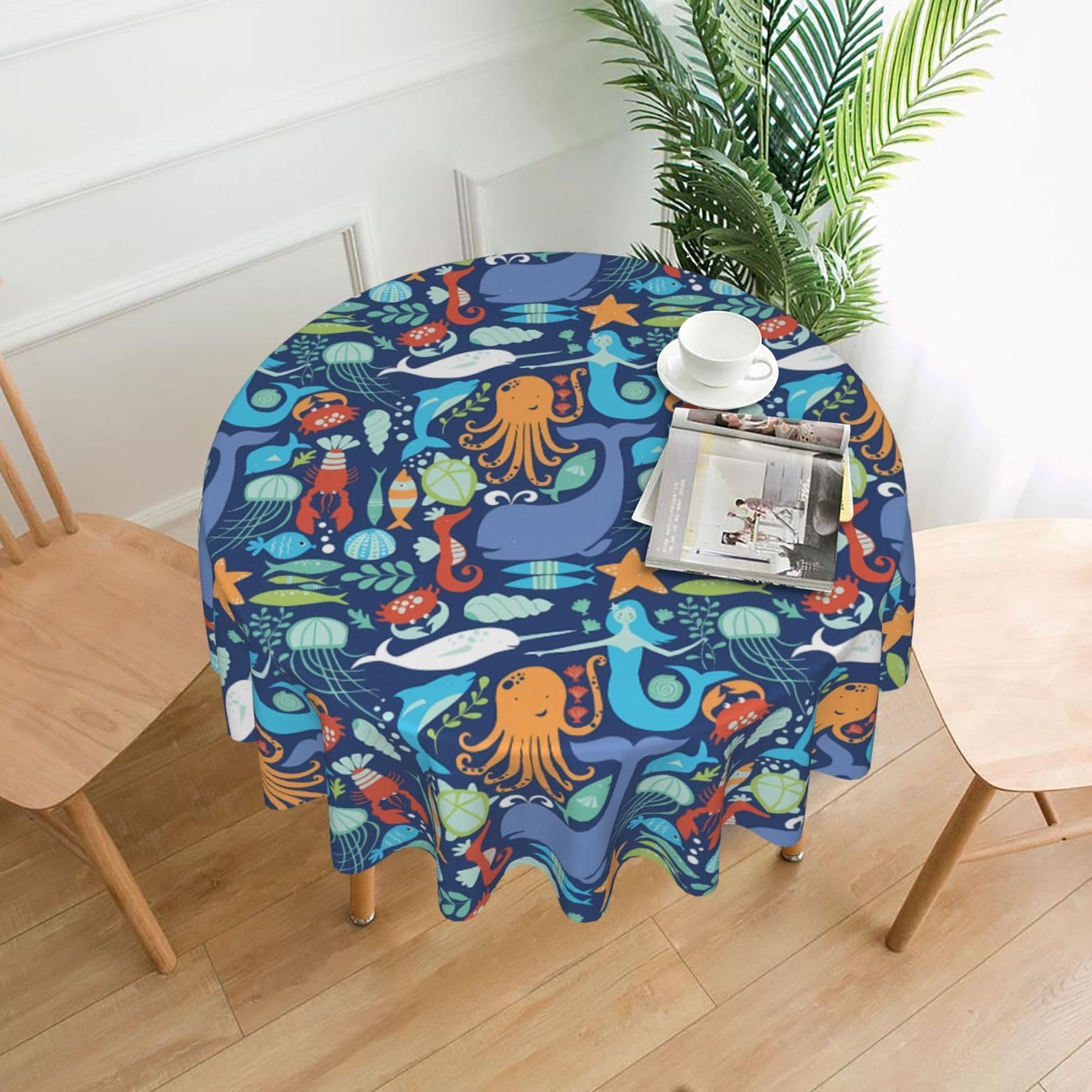 WHJSHOP Ocean whale fish octopus Prints Round Decorative Tablecloth 60in – High-Grade Polyester Throw Cover for Dining Table Protection & Elegant Home Decor