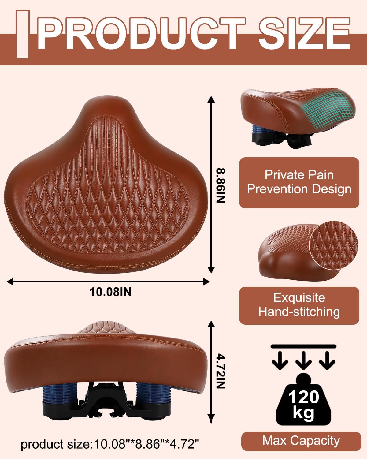 Wide Bike Seat for Women Men, Comfortable Soft Classic Vintage Padded Bicycle Saddle Cushion, Large Comfort Replacement Seat for City, Beach Cruiser, Hybrid, Ebike, Mountain, Stationary Bike