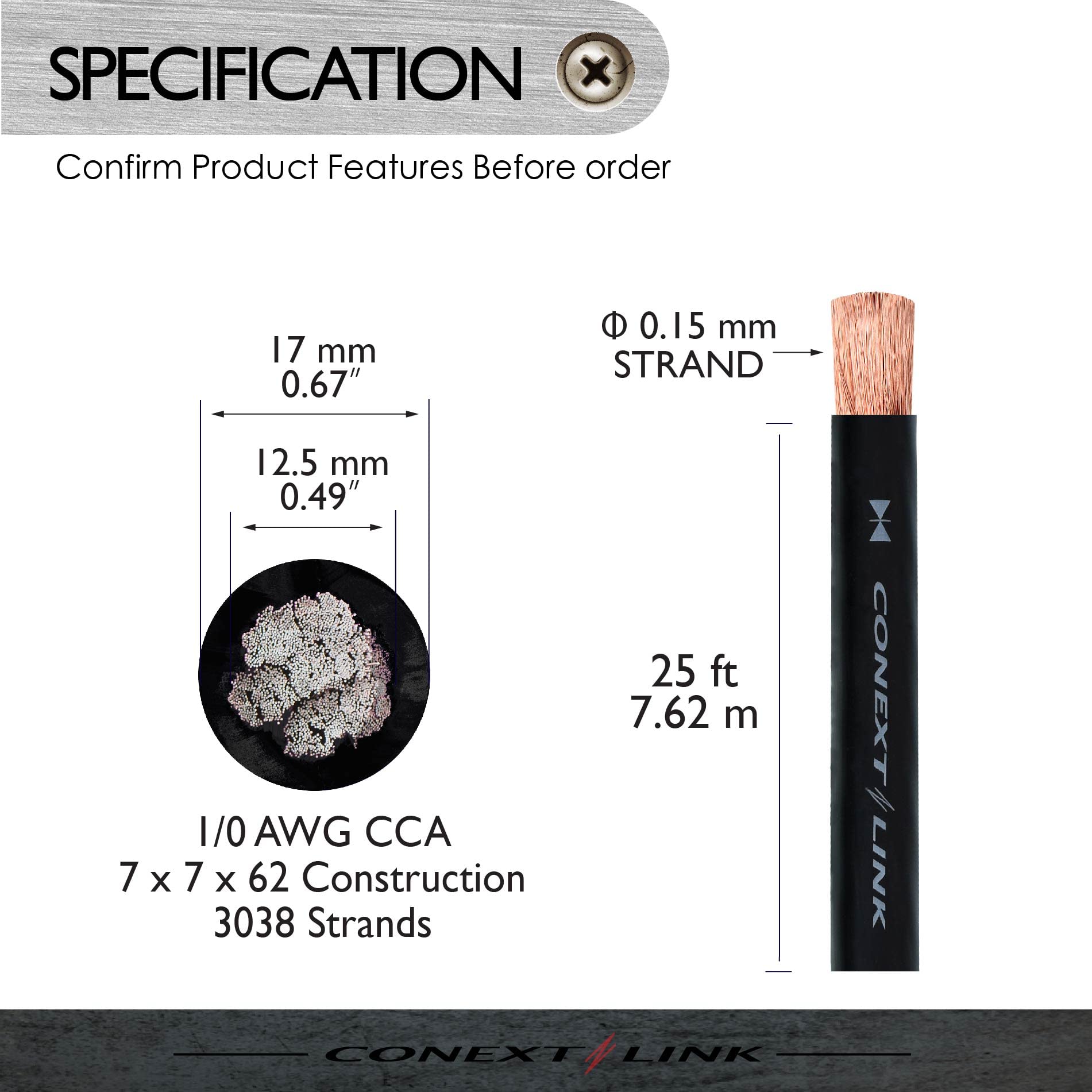 25ft pies Frost Black 1/0 Gauge Amplificador Power Ground Wire 0 GA Cable de batería
