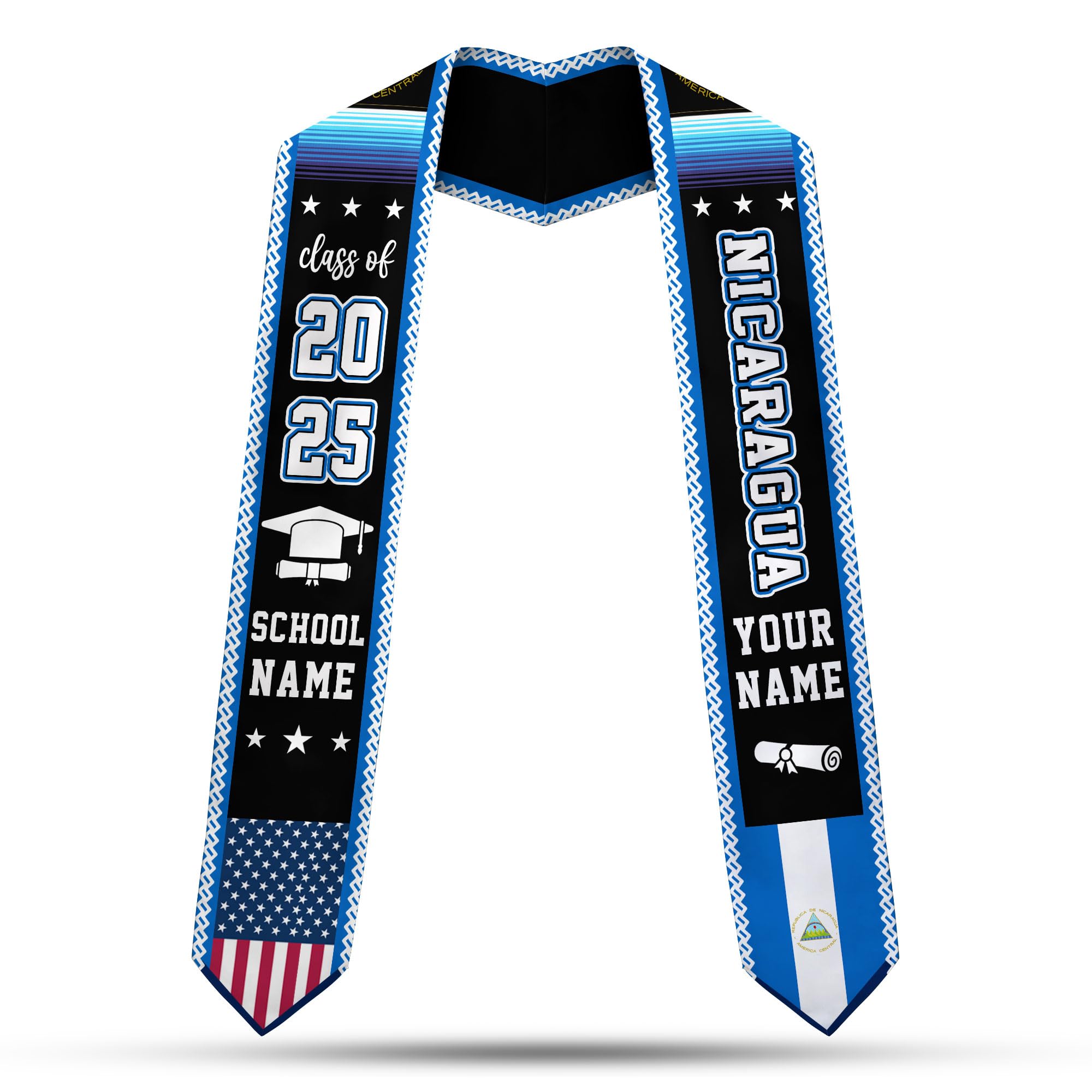 MonkeyVan Personalized Nicaragua Graduation Stole,Custom Nicaraguan Flag Graduation Sash,Nicaragua Stole Class of 2025 Sash S7
