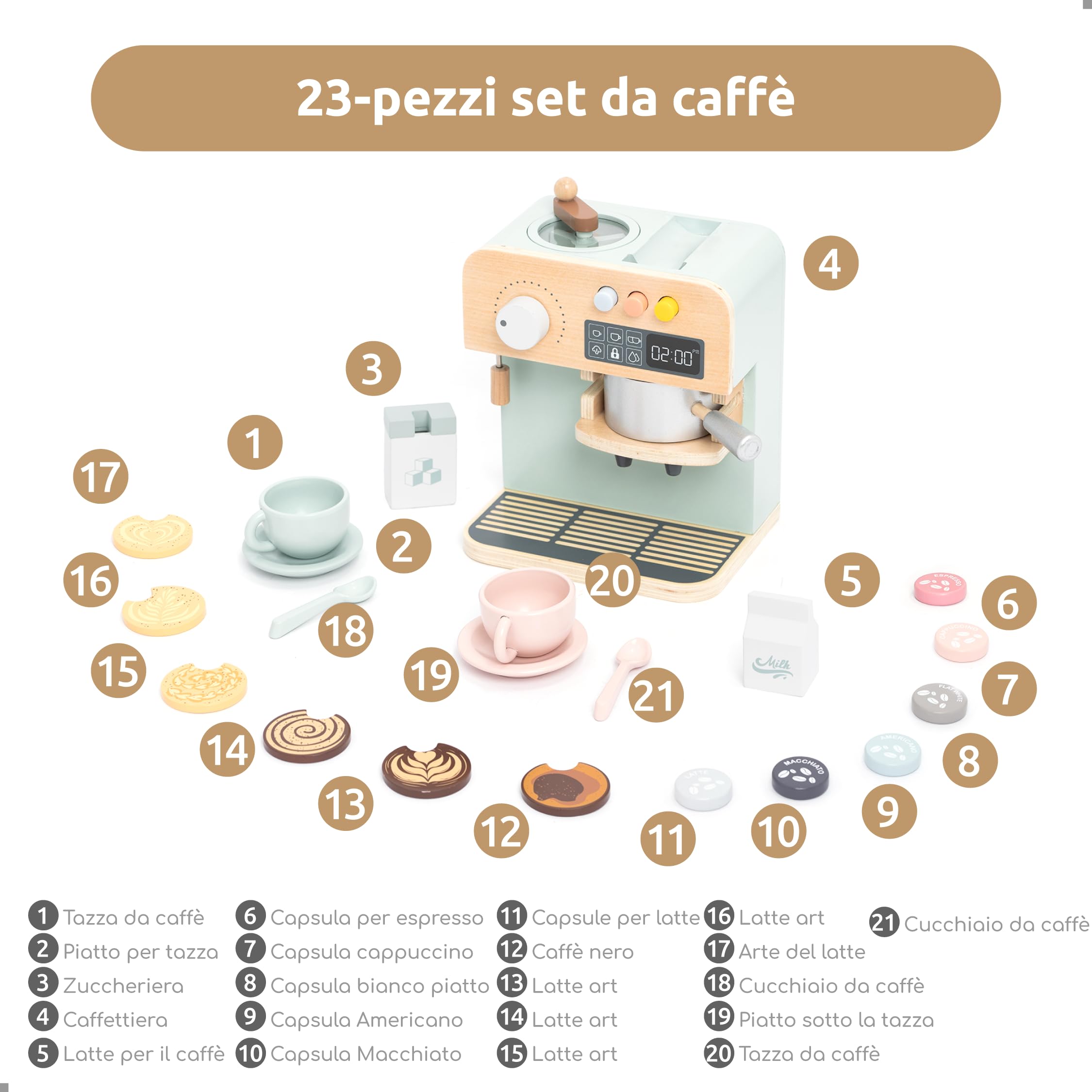 UMU® Macchina da caffè in legno – Accessori da cucina – Gioco di ruolo – Servizio da caffè personalizzabile per bambini dai 3 anni in su