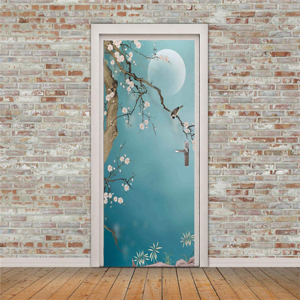 3d Stickers Porte Scène lunaire avec des fleurs de prunier Auto-AdhéSive Murale DéCoration De La Maison Stickers Muraux Chambre Salon Amovible Affiche Art Autocollants L100 x H200cm