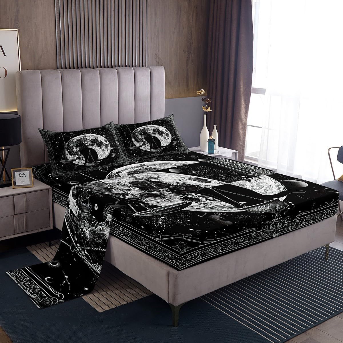 Parure de lit chat bohème avec drap-housse à poches profondes pour adulte