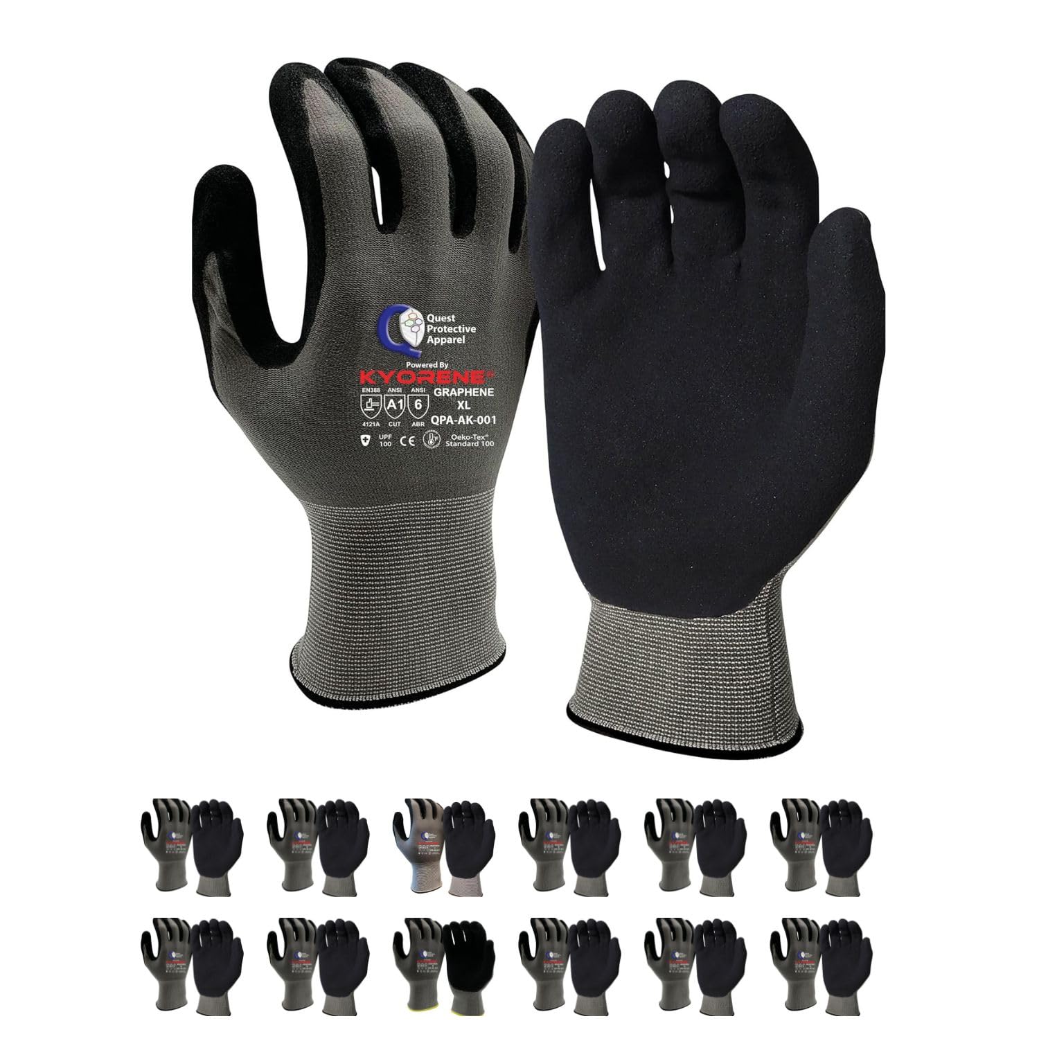 Quest Protective Apparel Powered By Kyorene - Guantes resistentes a los cortes - Guantes de trabajo protectores - Guantes de trabajo con agarre de grafeno (12, extragrandes)