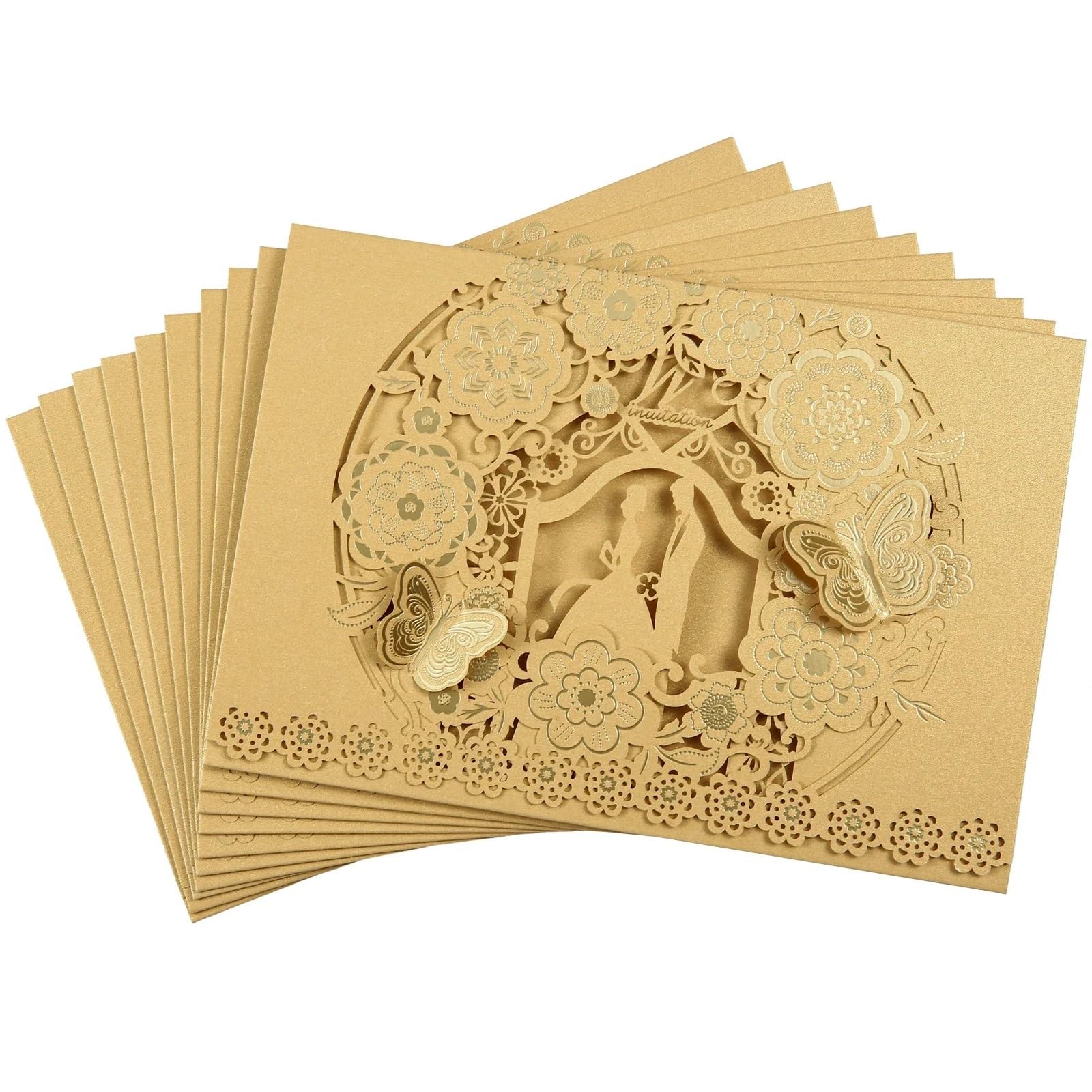 Shbhws 10Pcs Gold Card Wedding Invitations Card 10Pcs/Pack 3D Butterfly Wedding Invitation Cards Flower Bride Groom Hollow Out Shiny Pearl Paper Card Holders Personalised Wedding Invitations(10Pcs Gold Card)