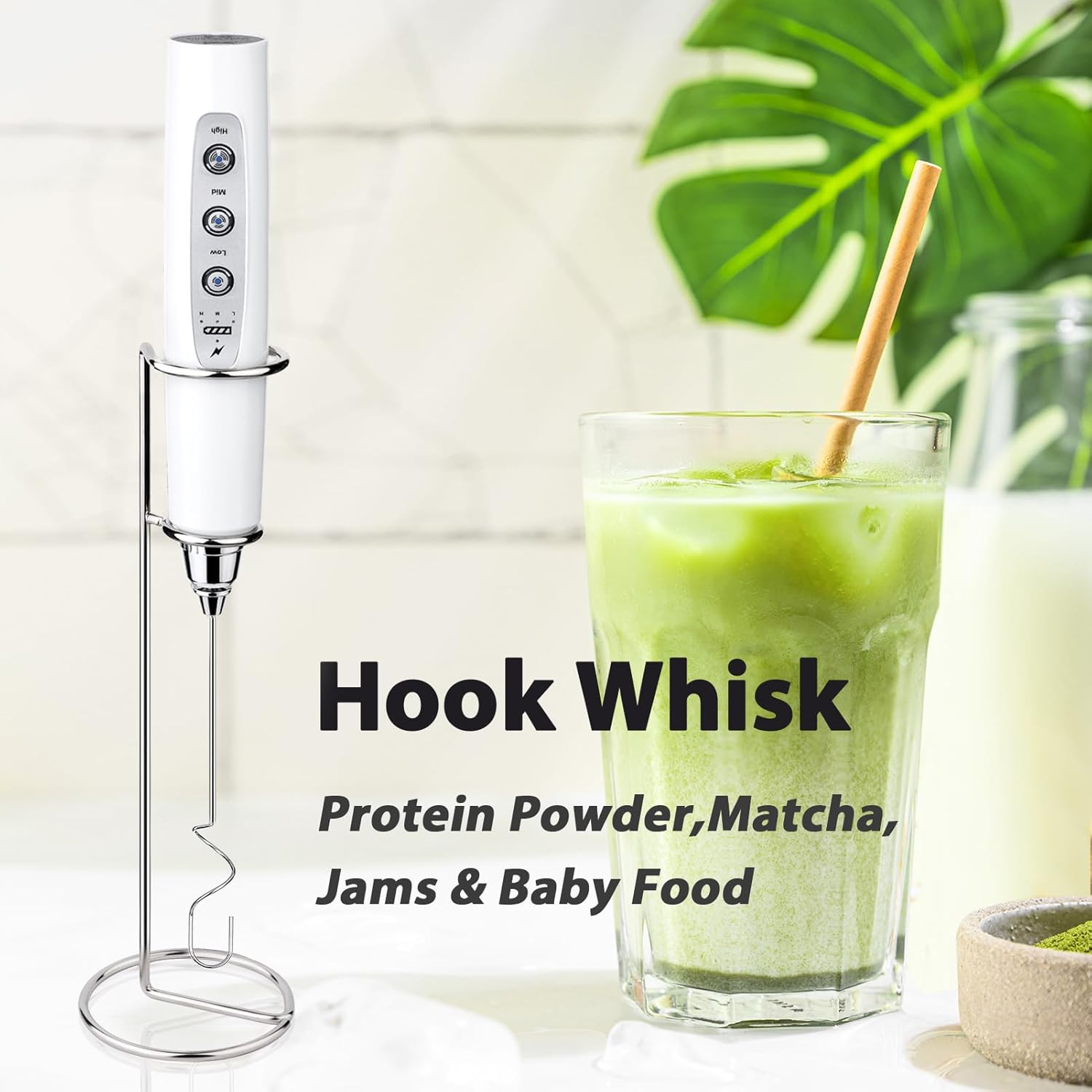 Beige+White Milk Frother with Stand