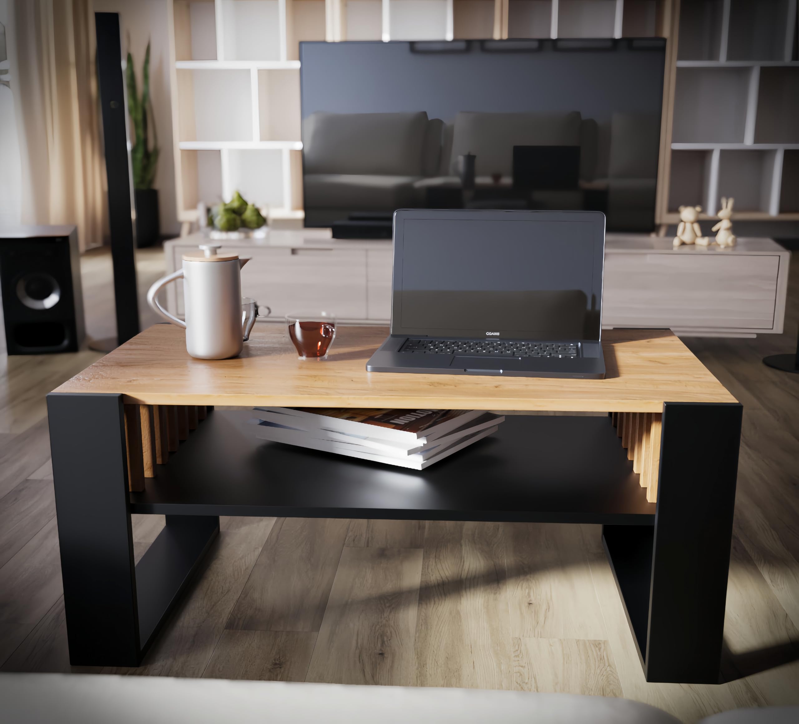 defiPad® Nowoczesny stolik kawowy z lammelami, szerokość 92 cm, duży stół do salonu, dąb | lity i stabilny | kolor czarny